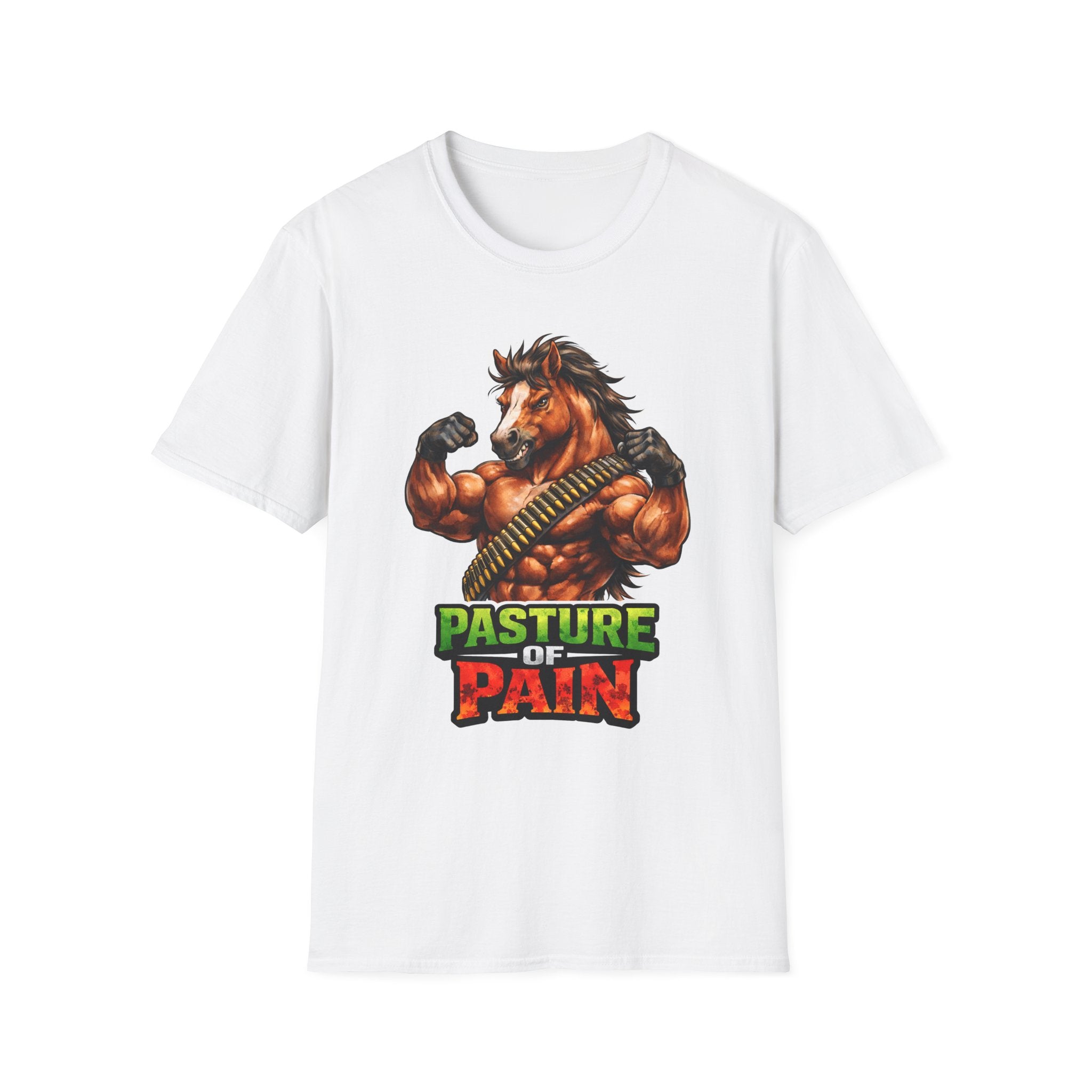 Pasture of Pain Action Hero Horse T-Shirt | Muscle-Bound Rambo Horse Graphic Tee | Mane Event Collection by PetPulse