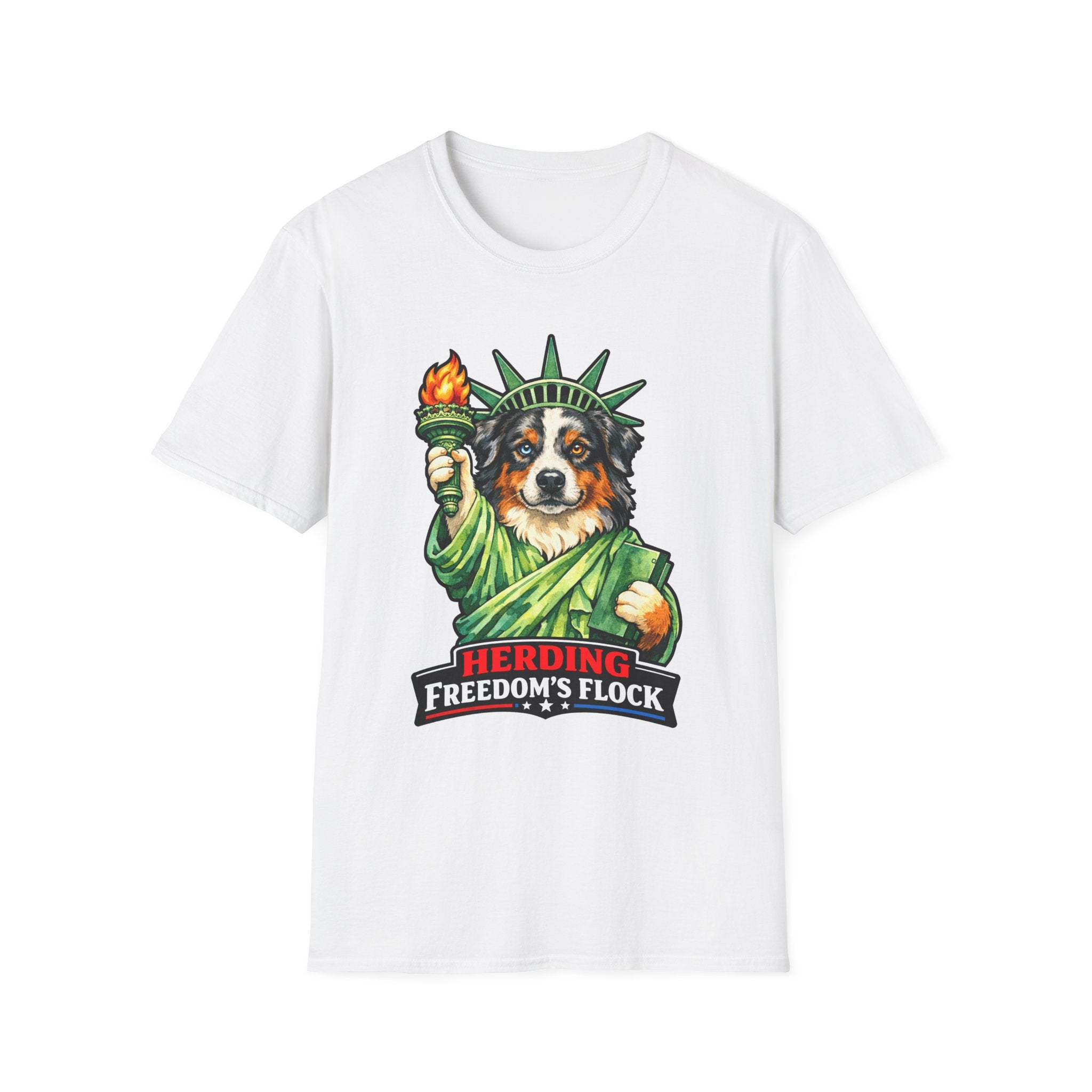 Herding Freedom's Flock Funny Australian Shepherd Statue of Liberty T-Shirt | Lady Liberty Pups Collection by PetPulse