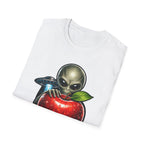 Interstellar and Always Organic Funny Alien with Apple T-Shirt | Cosmic Encounters Collection by PetPulse