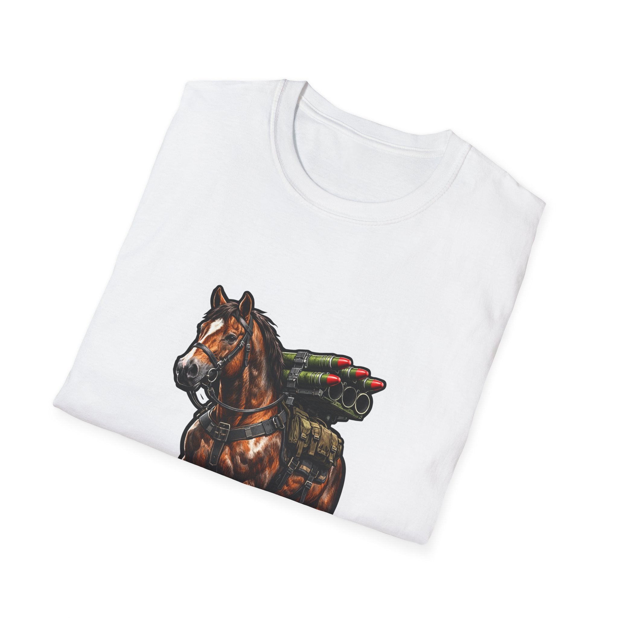 Always Bet on Horsepower Action Hero Horse T-Shirt | Tactical Rocket Launcher Horse Graphic Tee | Mane Event Collection by PetPulse
