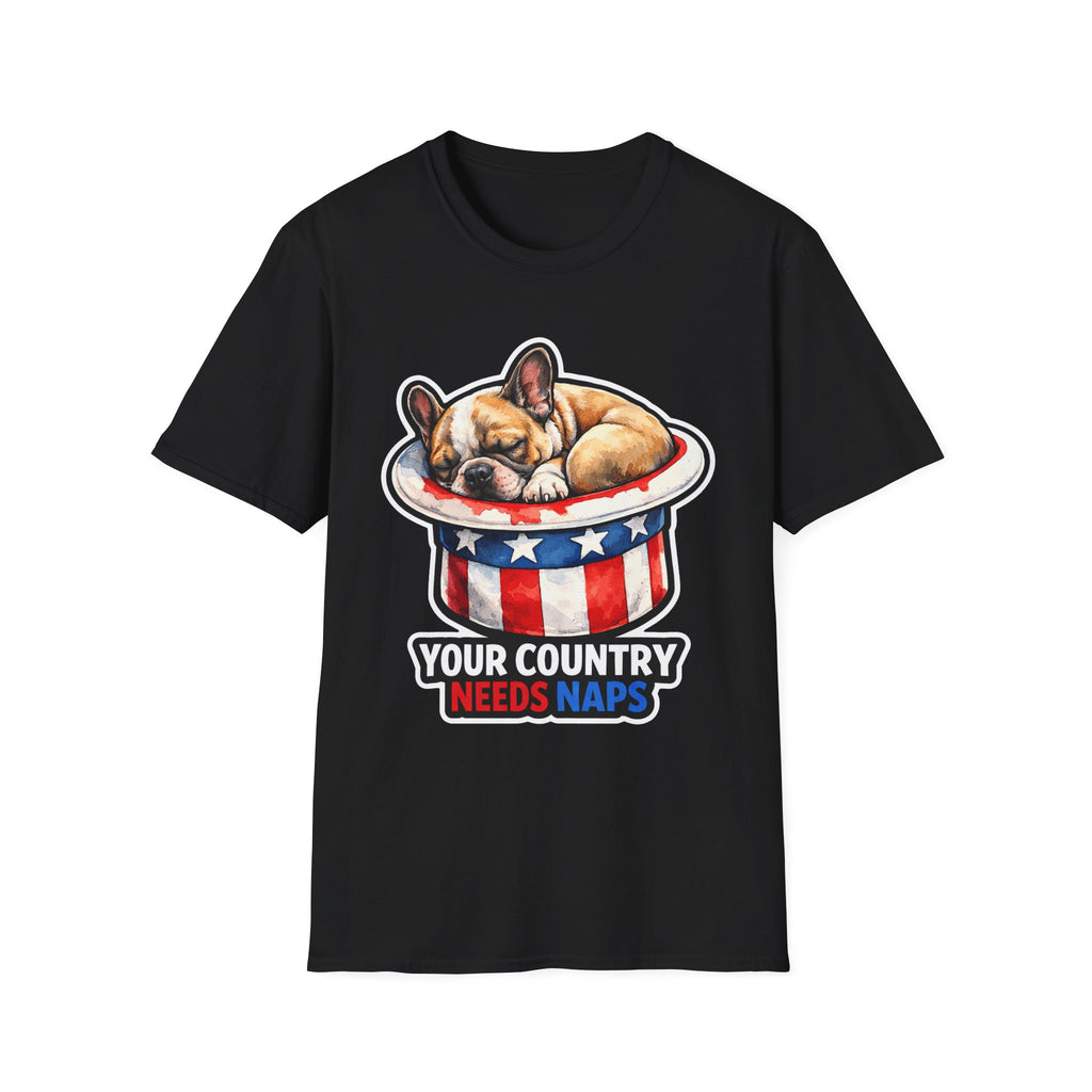 Your Country Needs Naps Funny Uncle Sam French Bulldog T-Shirt | Patriotic Frenchie Sleeping in Top Hat Tee