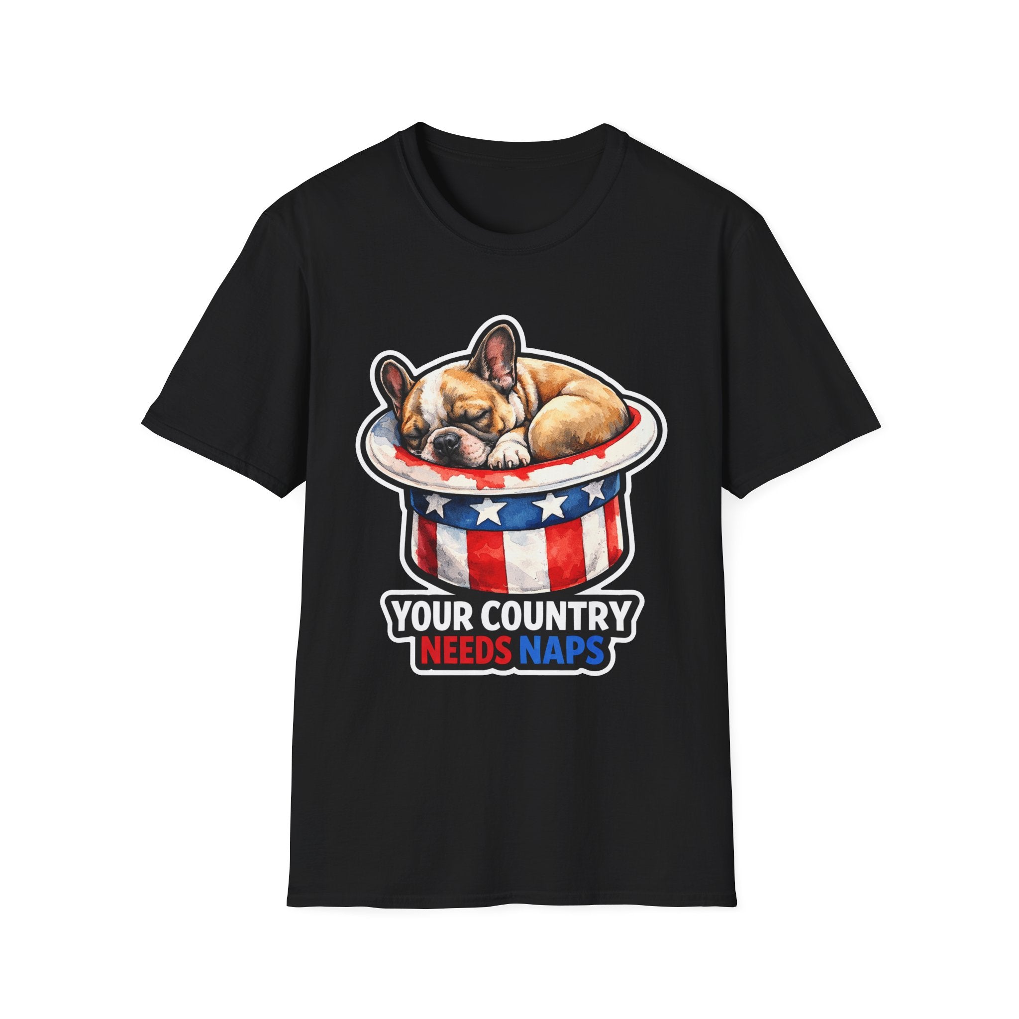 Your Country Needs Naps Funny Uncle Sam French Bulldog T-Shirt | Patriotic Frenchie Sleeping in Top Hat Tee
