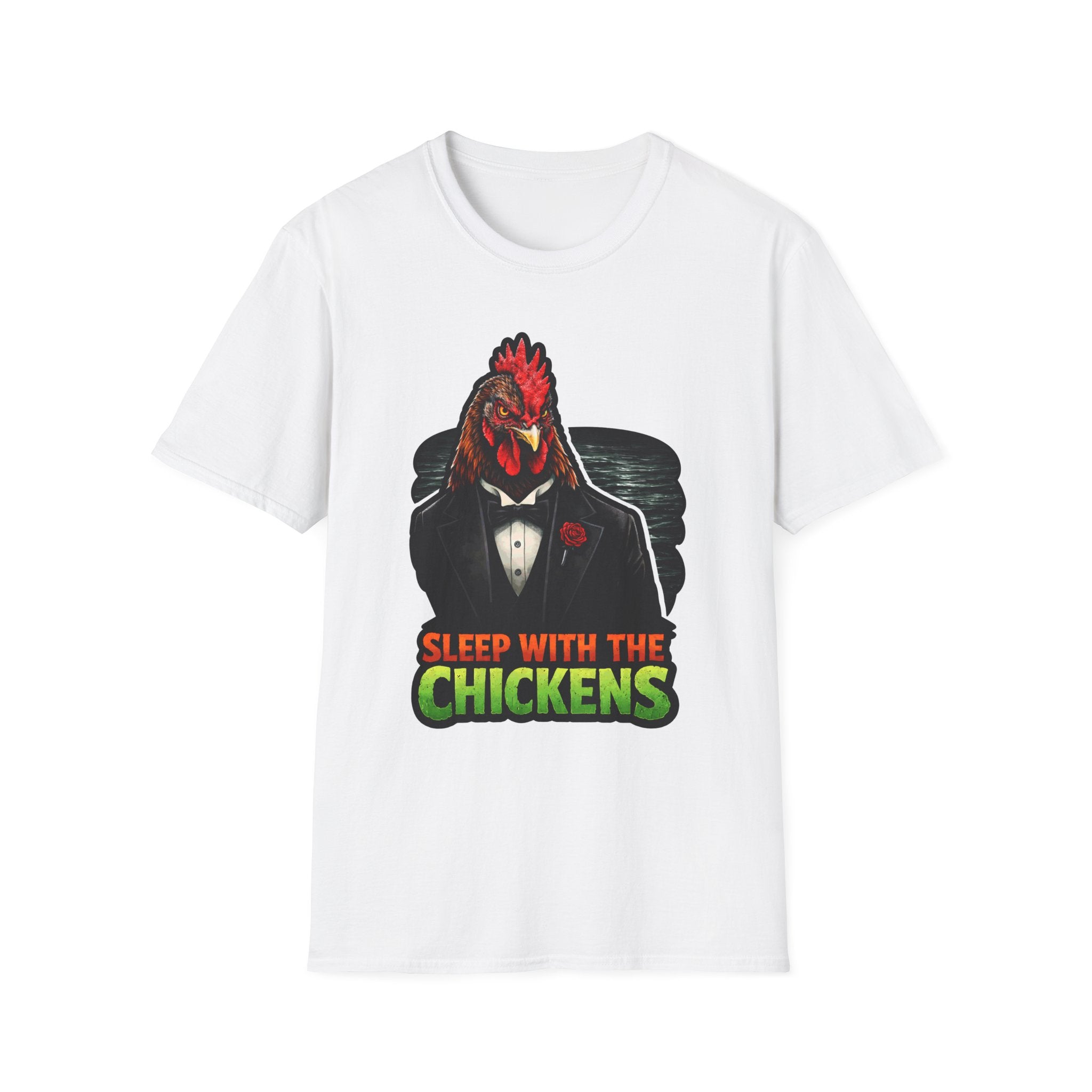 Sleep With The Chickens Funny Dark Humor Chicken T-Shirt | Tuxedo Rooster Waterfront Graphic Tee for Chicken Owners | PetPulse
