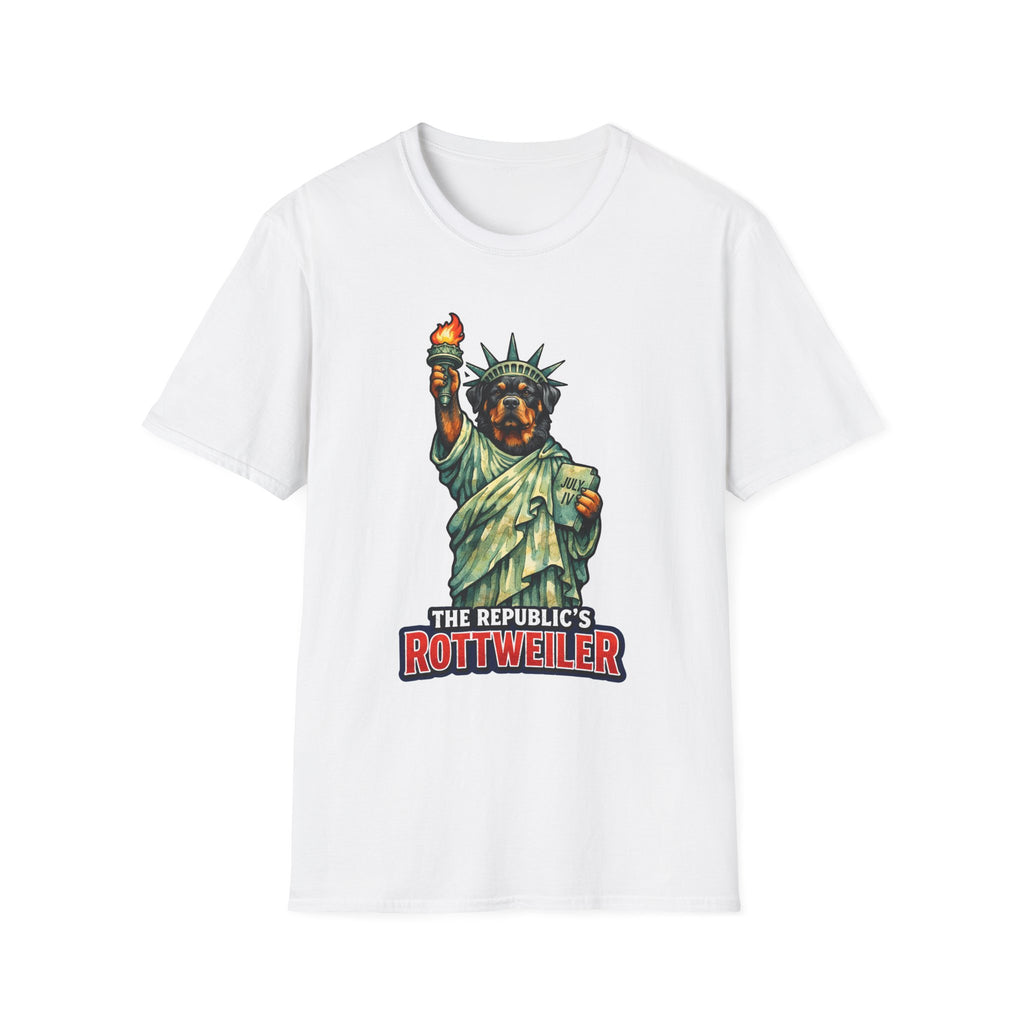 The Republic's Rottweiler Funny Rottweiler Statue of Liberty T-Shirt | Lady Liberty Pups Collection by PetPulse
