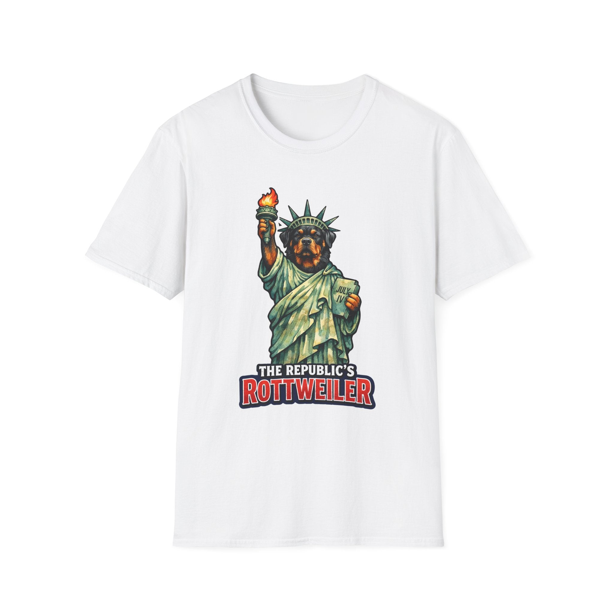 The Republic's Rottweiler Funny Rottweiler Statue of Liberty T-Shirt | Lady Liberty Pups Collection by PetPulse