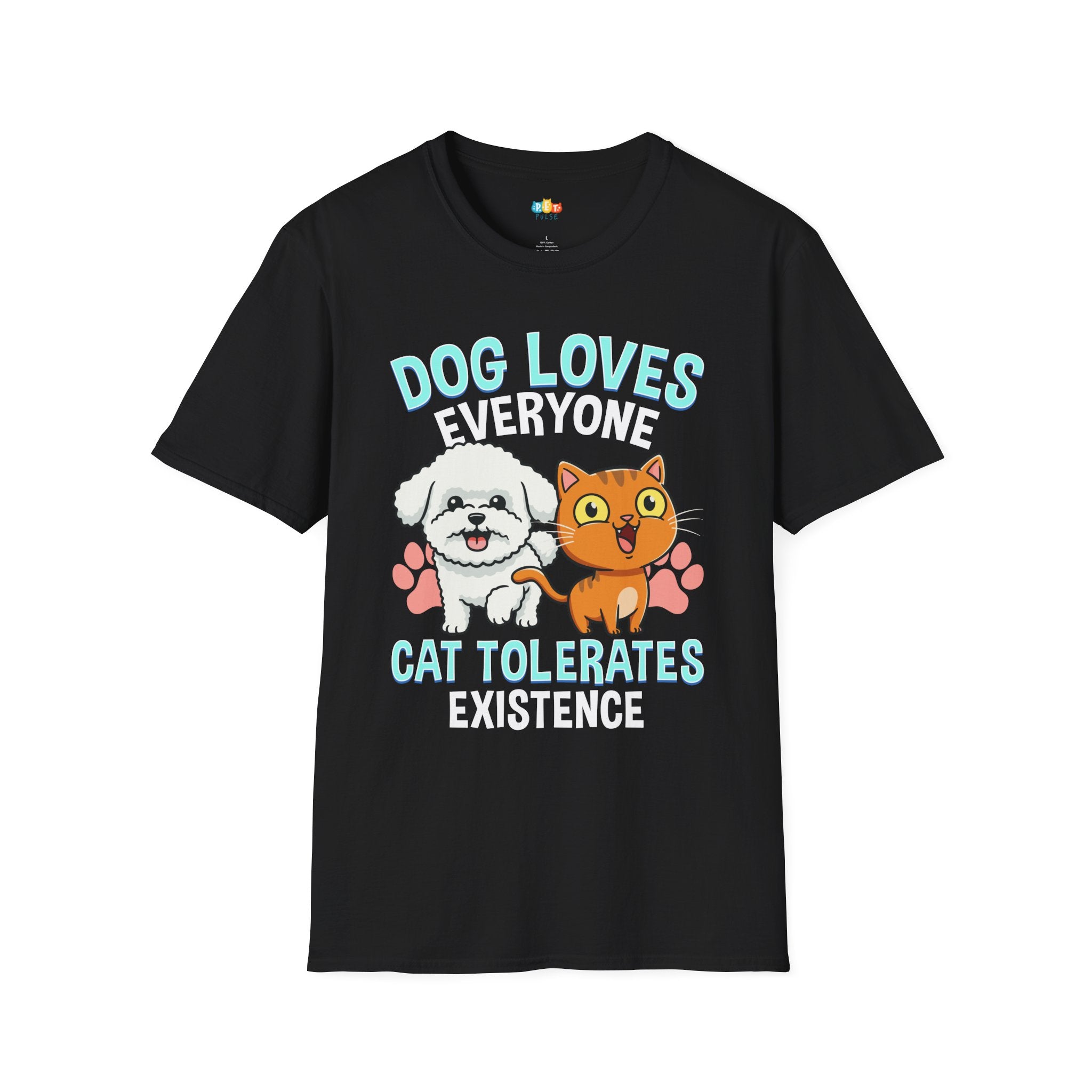 Dog Loves Cat Tolerates T-Shirt - Funny Multi Pet Owner Cat Dog Personality Difference Humor Tee