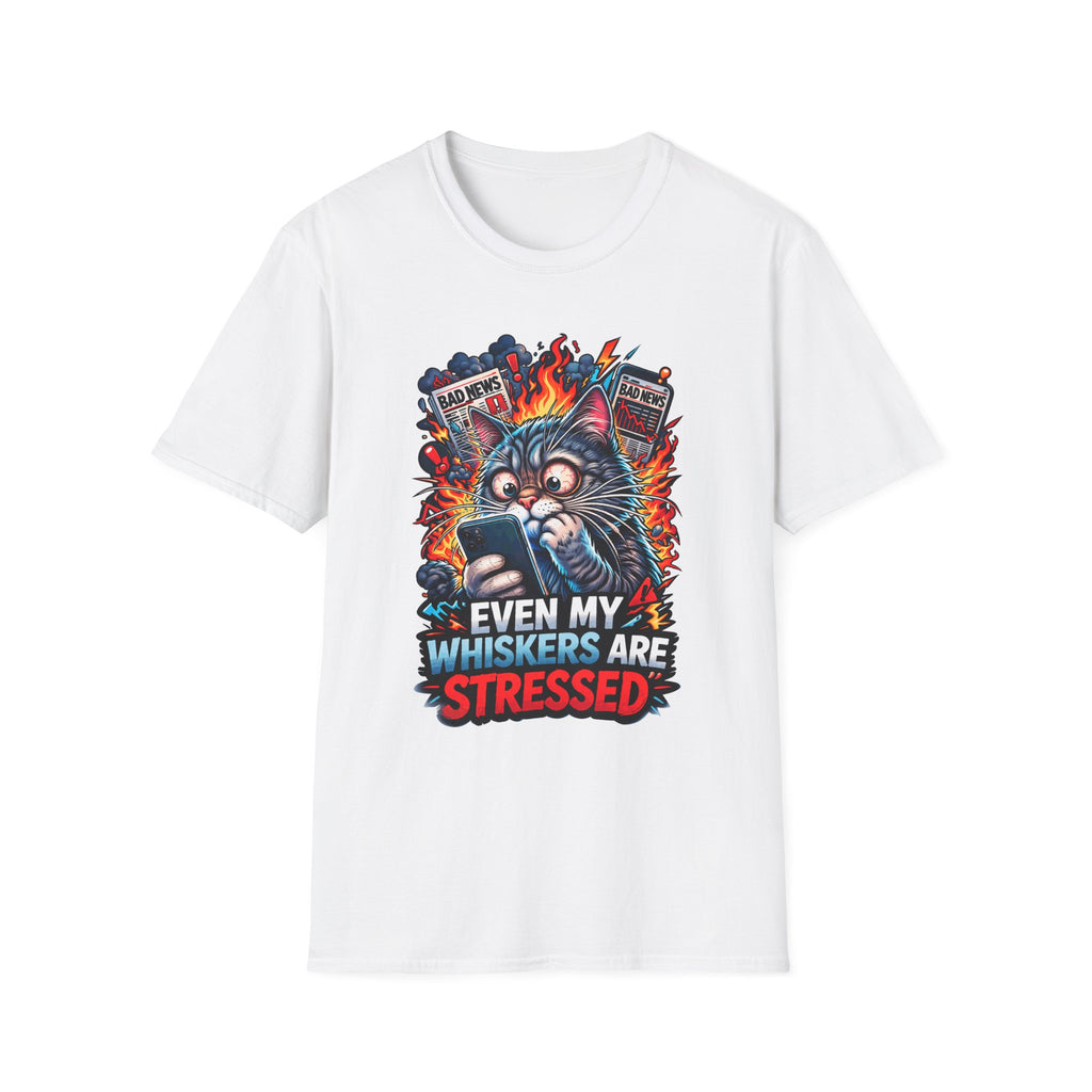 Even My Whiskers Are Stressed Funny News Overload Cat T-Shirt | Tech Pack Collection by PetPulse