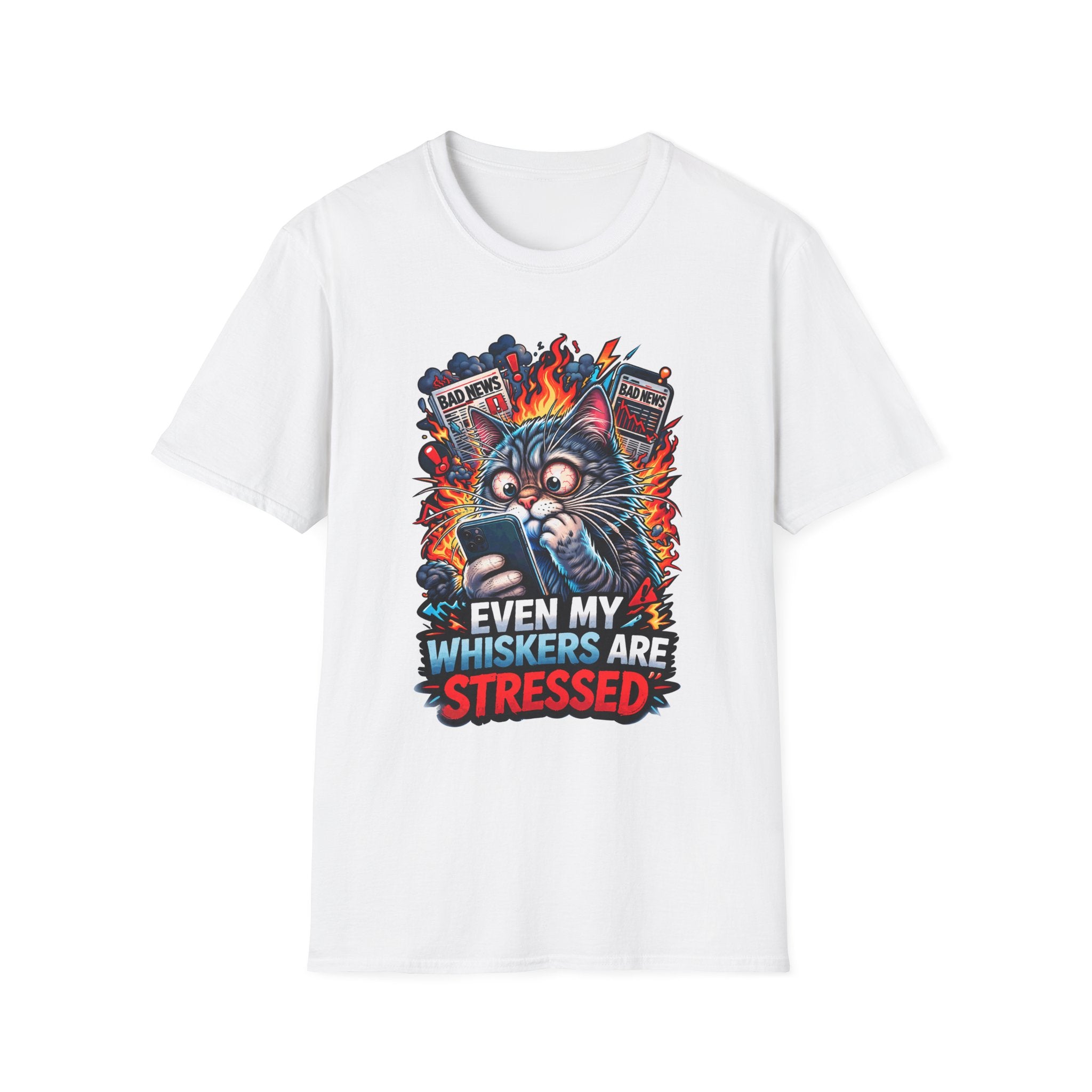 Even My Whiskers Are Stressed Funny News Overload Cat T-Shirt | Tech Pack Collection by PetPulse