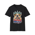 Stubborn for Sovereignty Funny English Bulldog Statue of Liberty T-Shirt | Lady Liberty Pups Collection by PetPulse