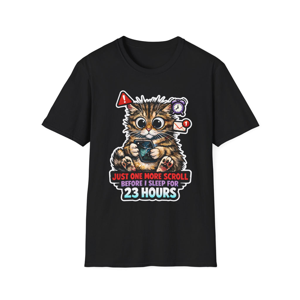 Just One More Scroll Before I Sleep For 23 Hours Funny Doomscrolling Cat T-Shirt | Tech Pack Collection by PetPulse