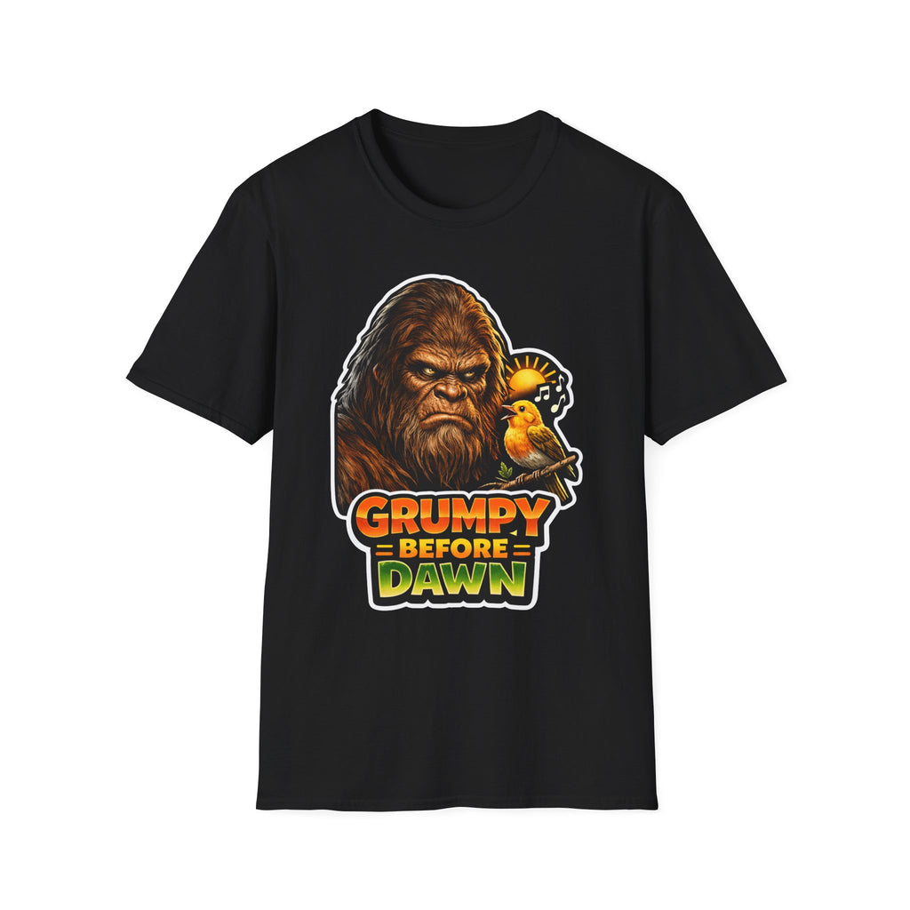 Grumpy Before Dawn Funny Bigfoot Morning Bird T-Shirt | Cryptid Companions Collection by PetPulse