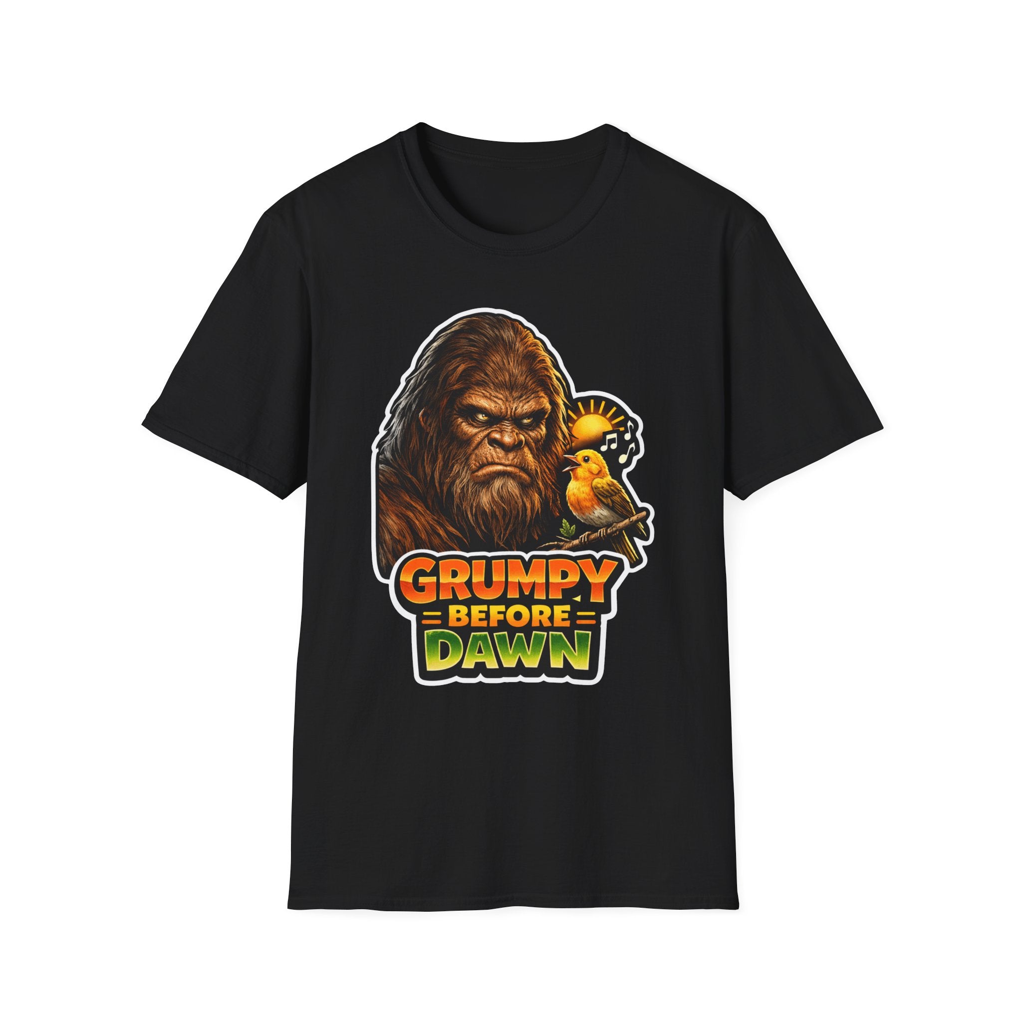 Grumpy Before Dawn Funny Bigfoot Morning Bird T-Shirt | Cryptid Companions Collection by PetPulse