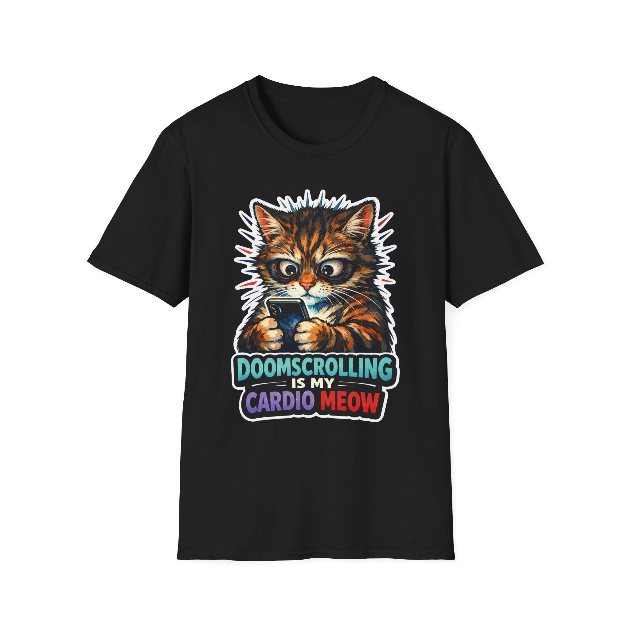 Doomscrolling Is My Cardio Meow Funny Cat Fitness Pun T-Shirt | Tech Pack Collection by PetPulse