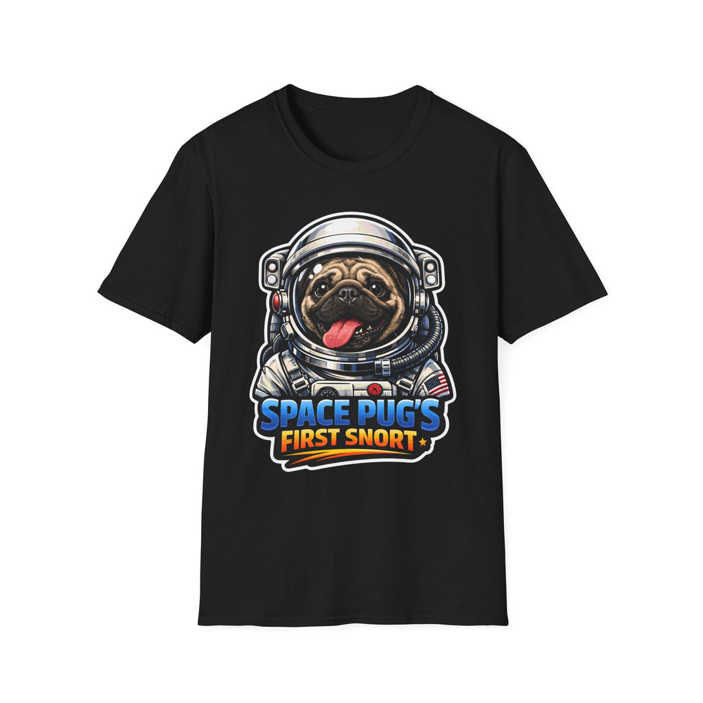 Space Pug’s First Snort Funny Astronaut Pug T-Shirt | Cosmic Encounters Collection by PetPulse