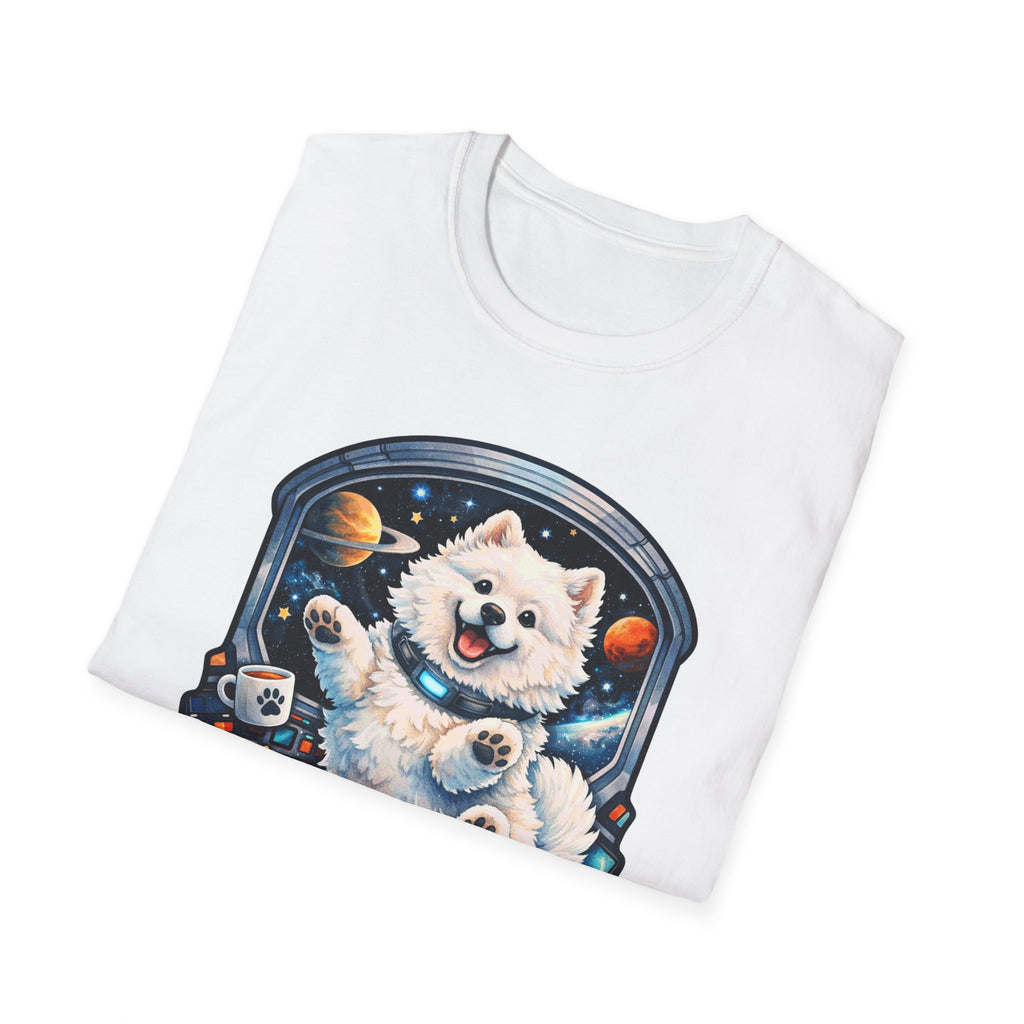 Interplanetary Pupper Funny Samoyed Zero Gravity Space T-Shirt | Cosmic Encounters Collection by PetPulse