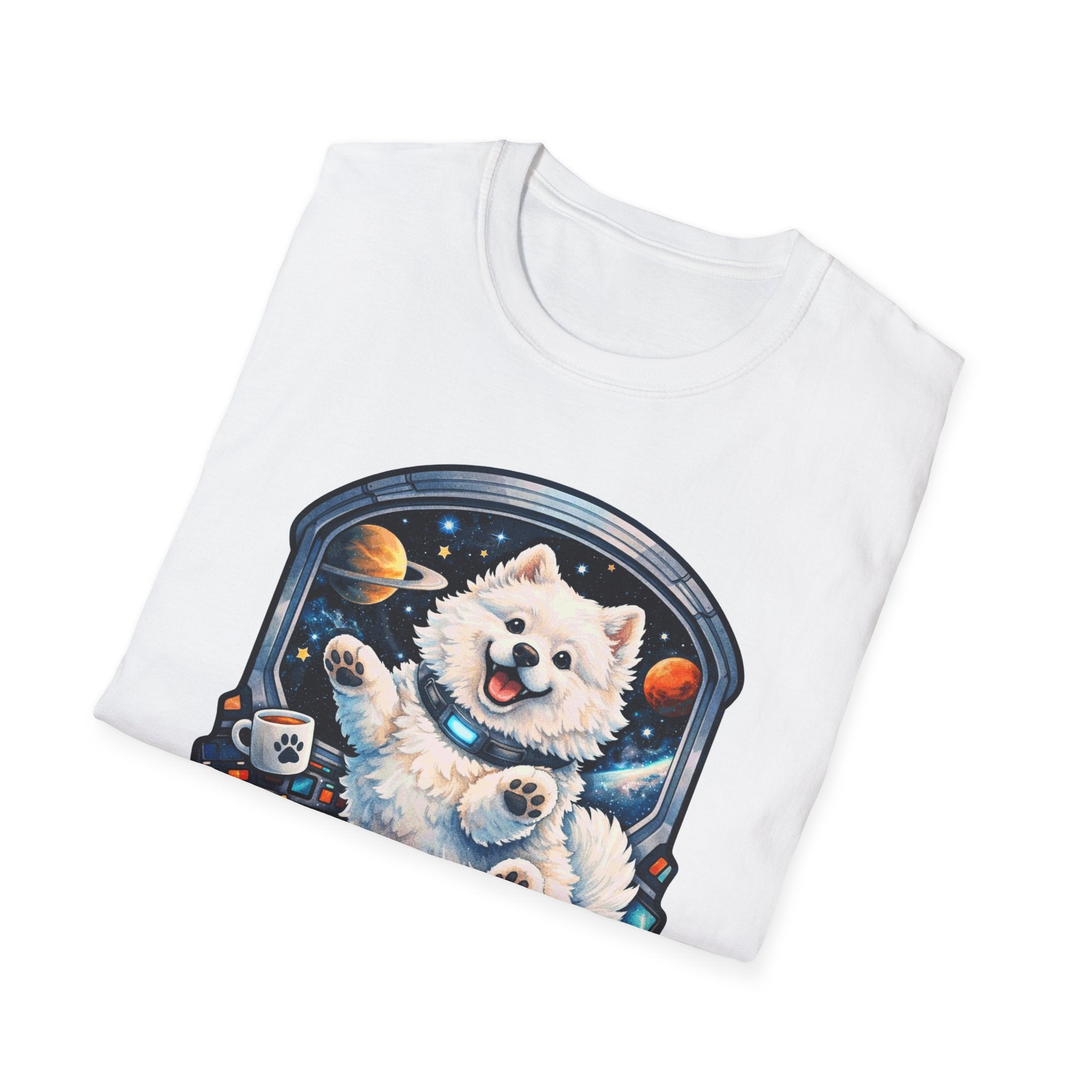 Interplanetary Pupper Funny Samoyed Zero Gravity Space T-Shirt | Cosmic Encounters Collection by PetPulse