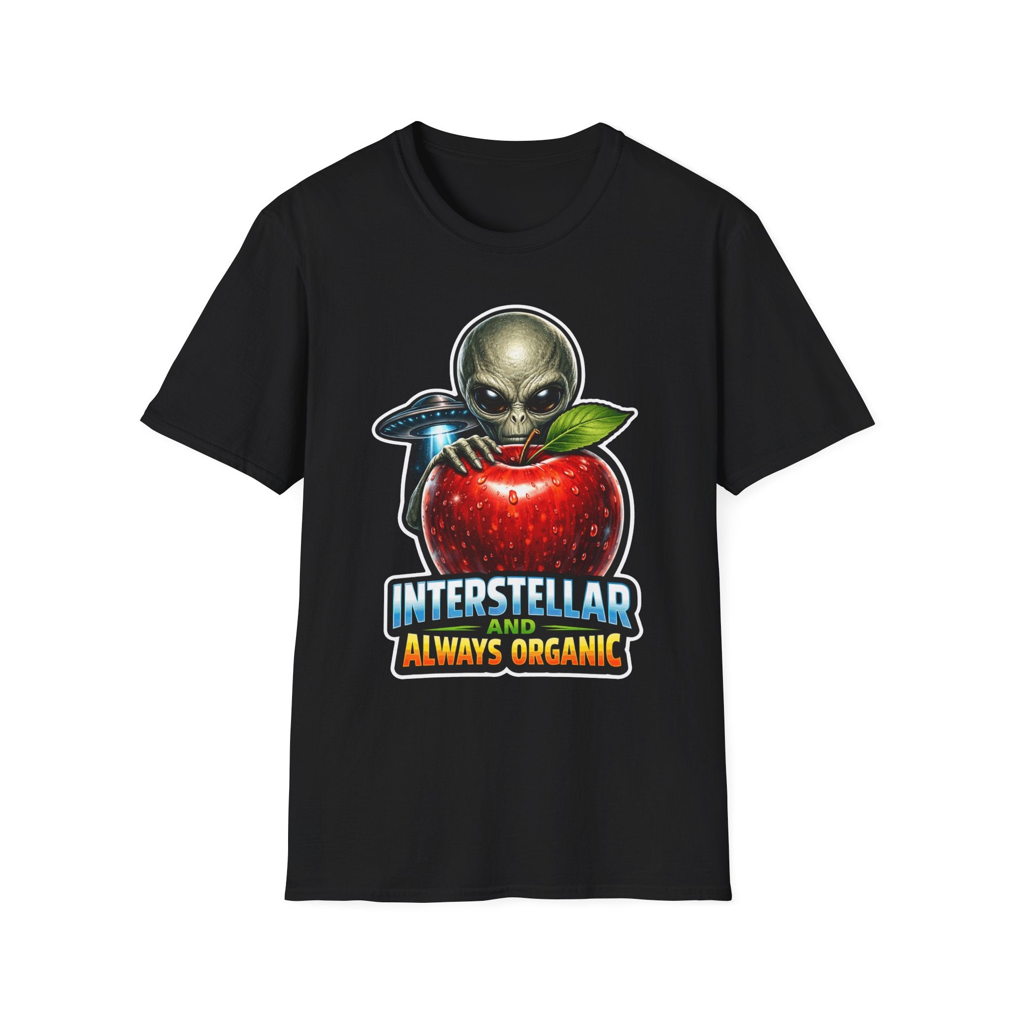 Interstellar and Always Organic Funny Alien with Apple T-Shirt | Cosmic Encounters Collection by PetPulse
