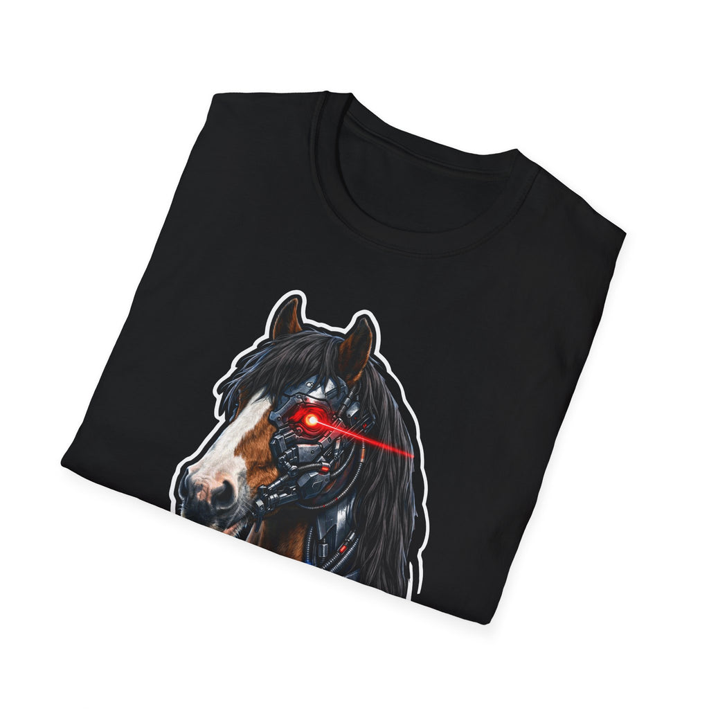 Cybernetic Clydesdale Action Hero Horse T-Shirt | Sci-Fi Cyborg Draft Horse Graphic Tee | Mane Event Collection by PetPulse