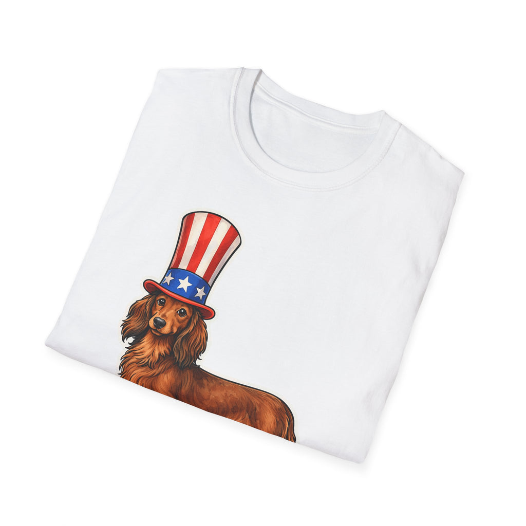 Doing My Pawtriotic Duty Funny Uncle Sam Long-Haired Dachshund T-Shirt | Patriotic Doxie in Top Hat Graphic Tee | Uncle Sam Pups
