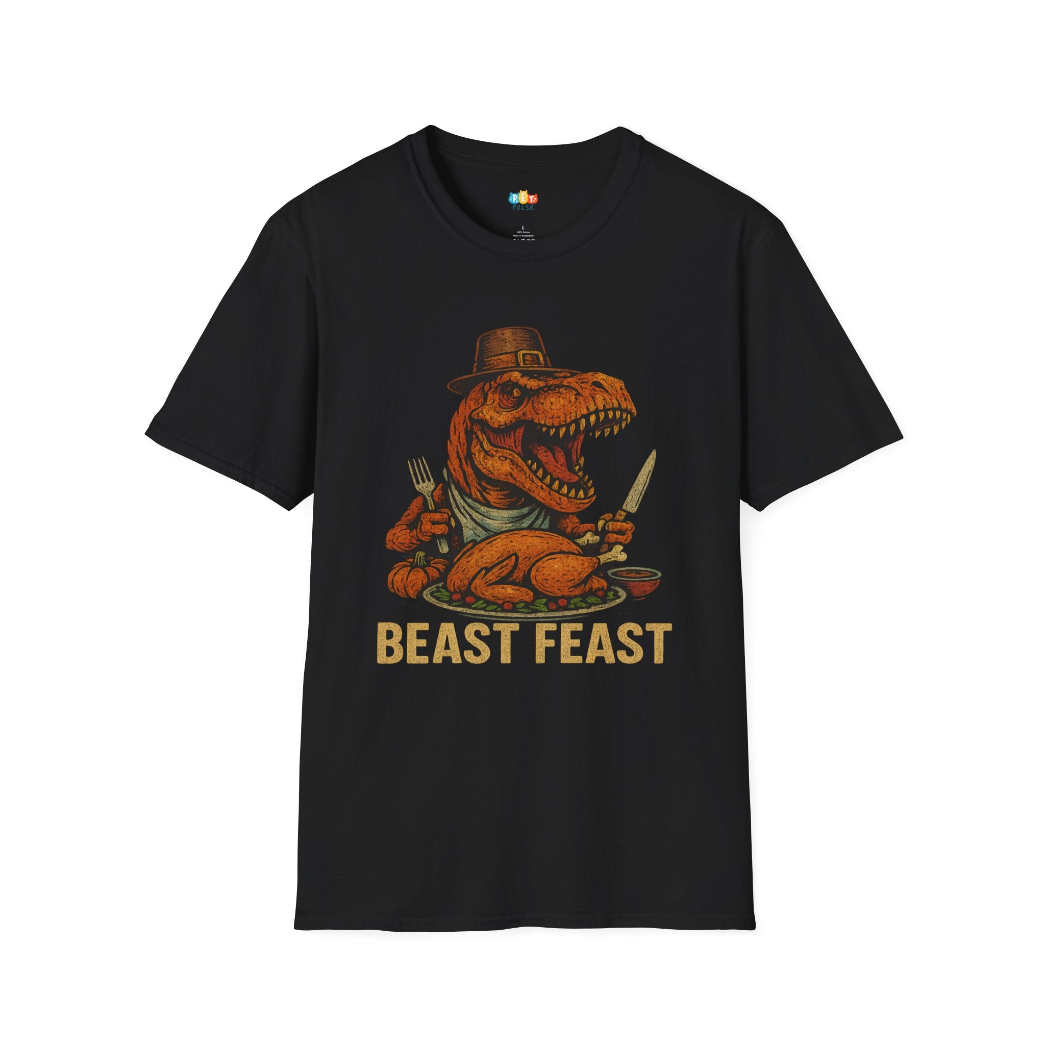 Beast Feast Prehistoric Thanksgiving T-Shirt - Funny Dinosaur Turkey Day Pilgrim T-Rex Holiday Dinner Tee