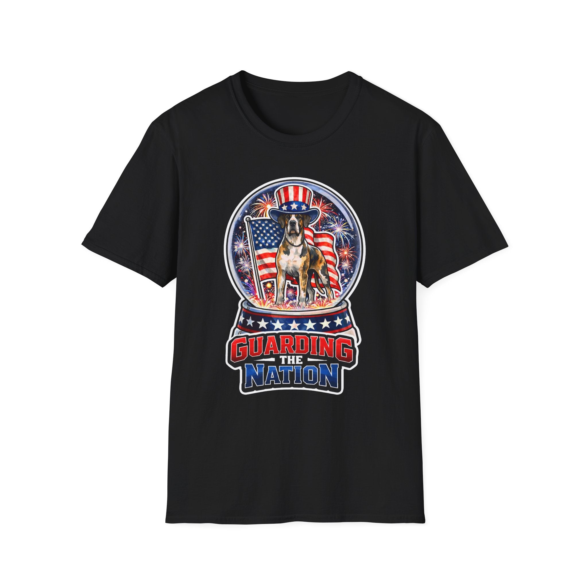 Guarding the Nation Patriotic Guard Dog T-Shirt | Uncle Sam Dog Snow Globe American Flag Graphic Tee | Uncle Sam Pups