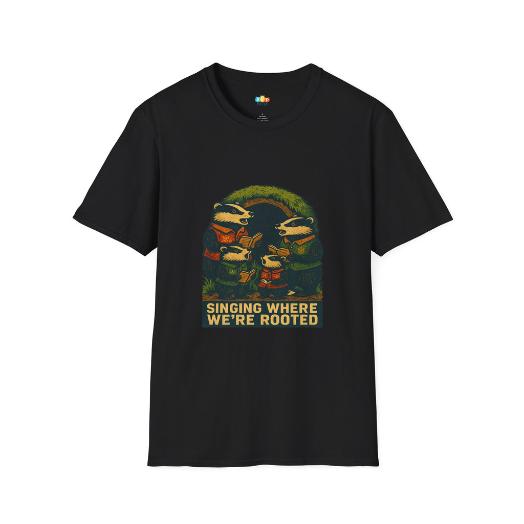 Singing Where We're Rooted Christmas T-Shirt - Vintage Woodland Badger Carolers Holiday Underground Xmas Tee