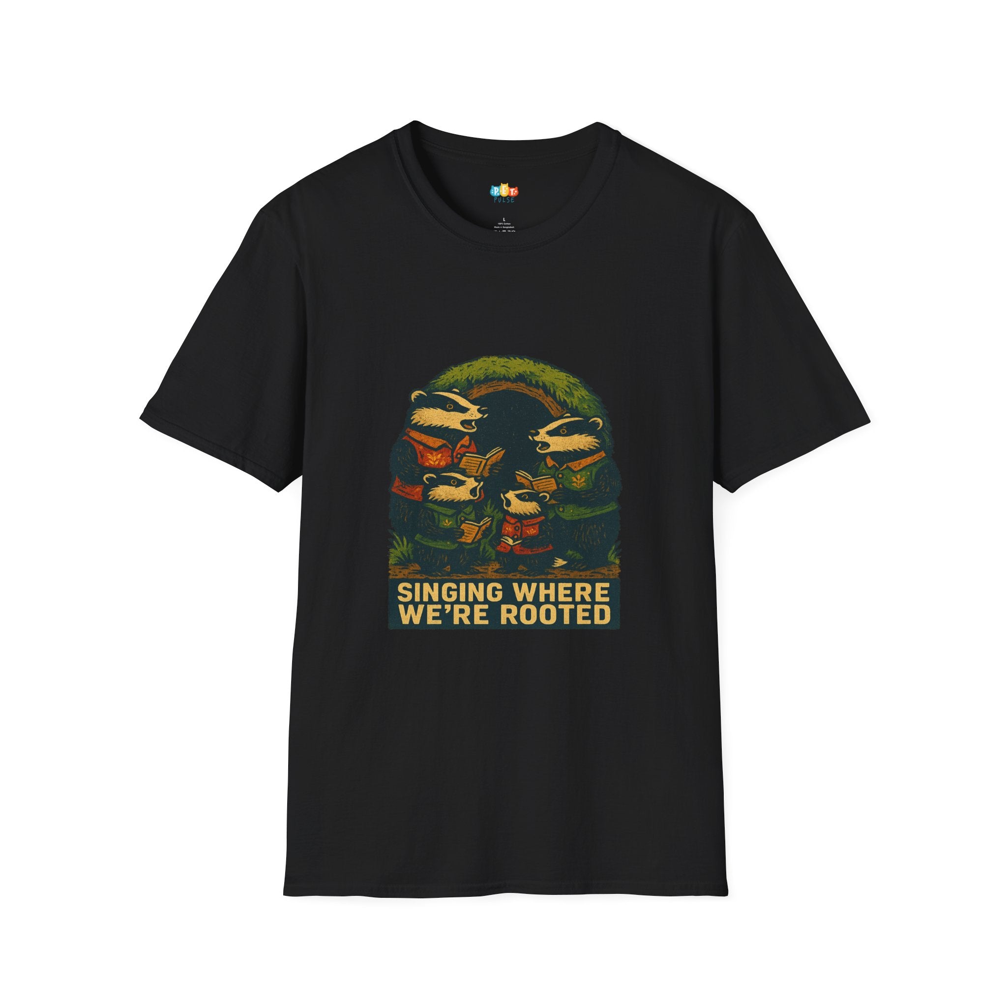 Singing Where We're Rooted Christmas T-Shirt - Vintage Woodland Badger Carolers Holiday Underground Xmas Tee