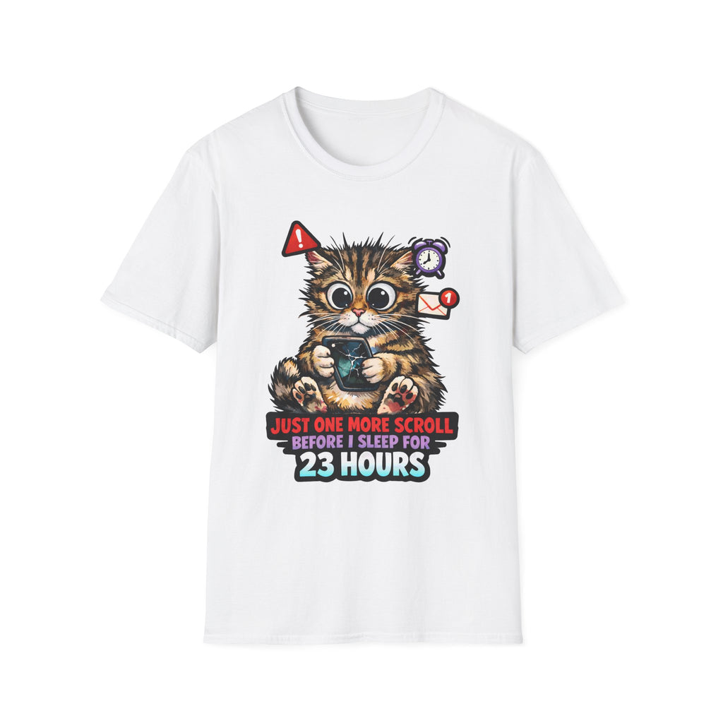 Just One More Scroll Before I Sleep For 23 Hours Funny Doomscrolling Cat T-Shirt | Tech Pack Collection by PetPulse