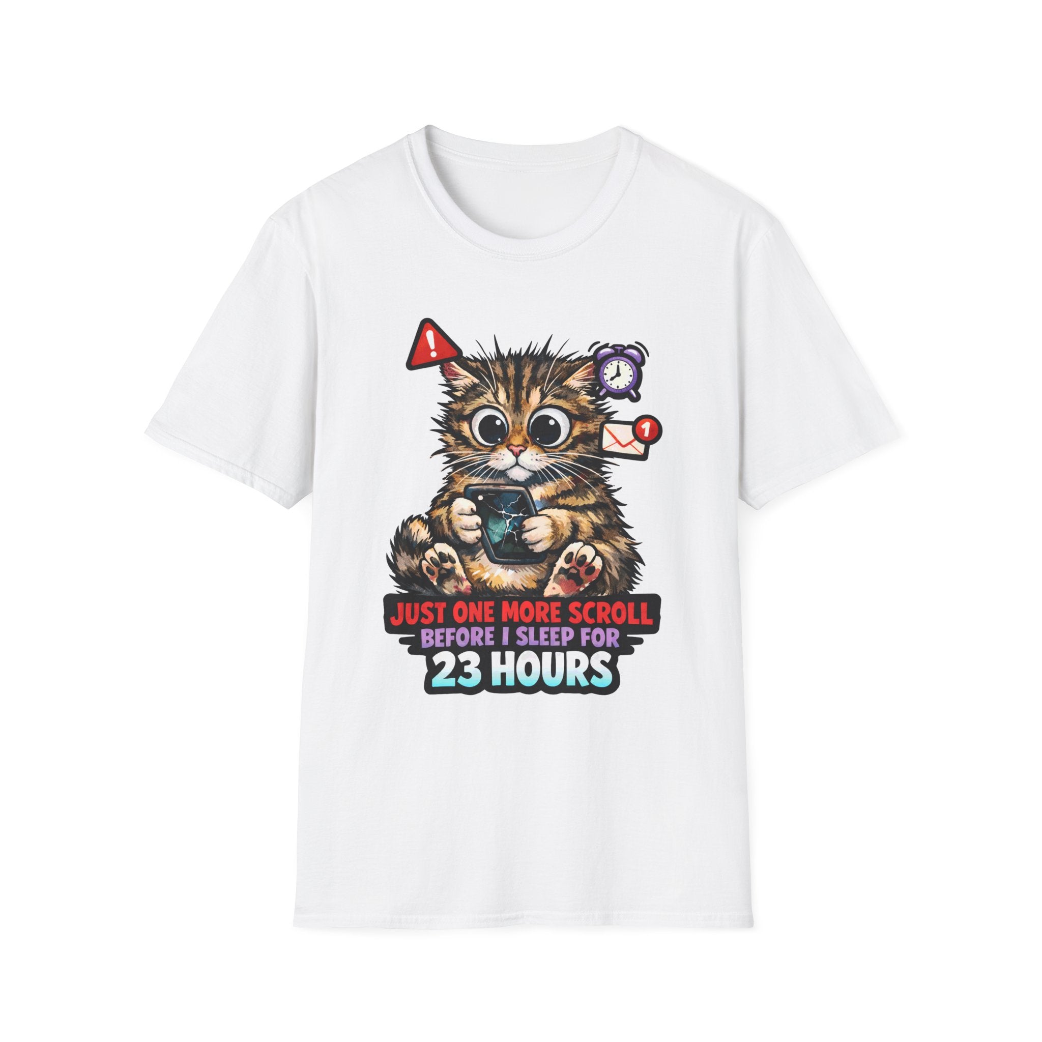 Just One More Scroll Before I Sleep For 23 Hours Funny Doomscrolling Cat T-Shirt | Tech Pack Collection by PetPulse
