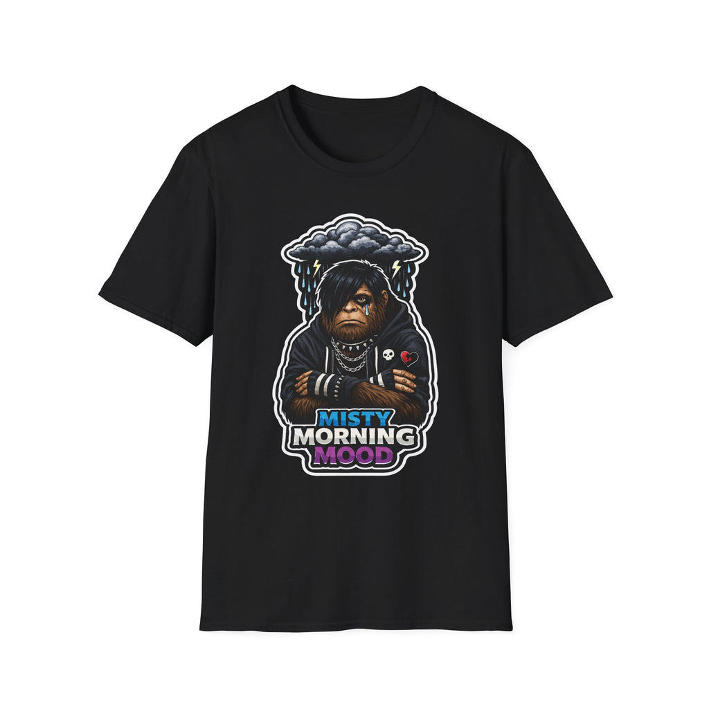 Misty Morning Mood Funny Emo Bigfoot T-Shirt | Cryptid Companions Collection by PetPulse