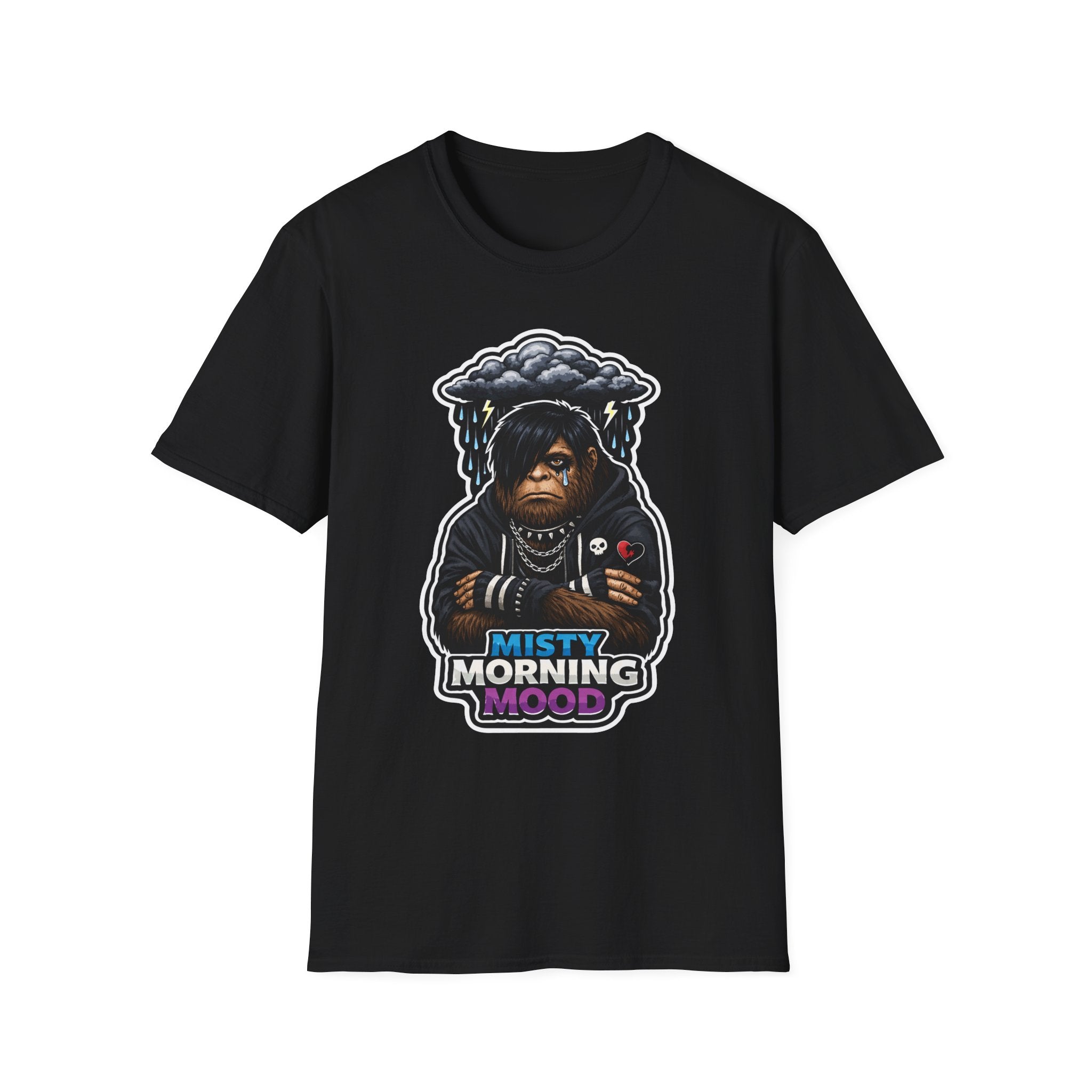 Misty Morning Mood Funny Emo Bigfoot T-Shirt | Cryptid Companions Collection by PetPulse