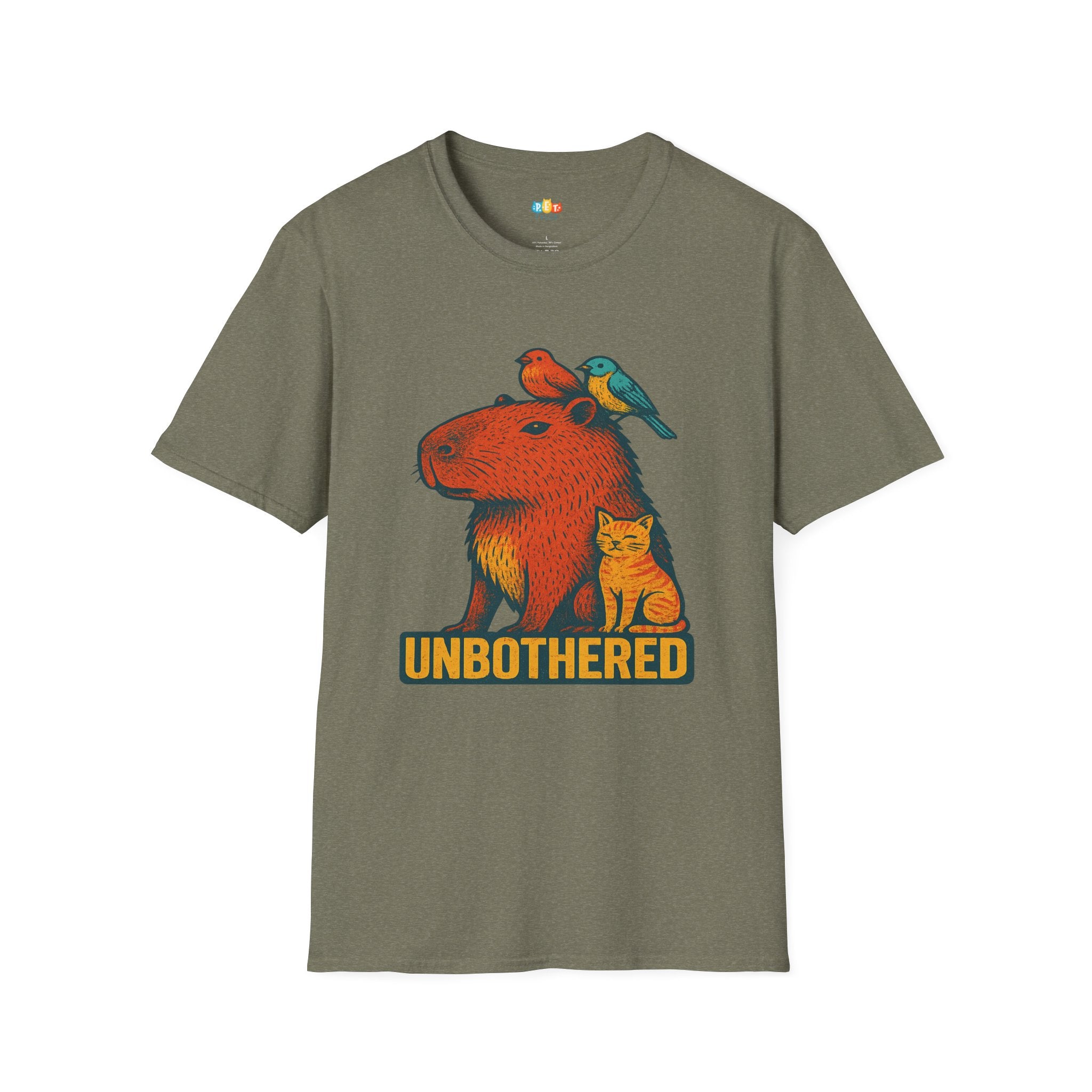 Unbothered Capybara With Cat And Birds T-Shirt - Funny Chill Animal Friendship Zen Vibes Graphic Tee