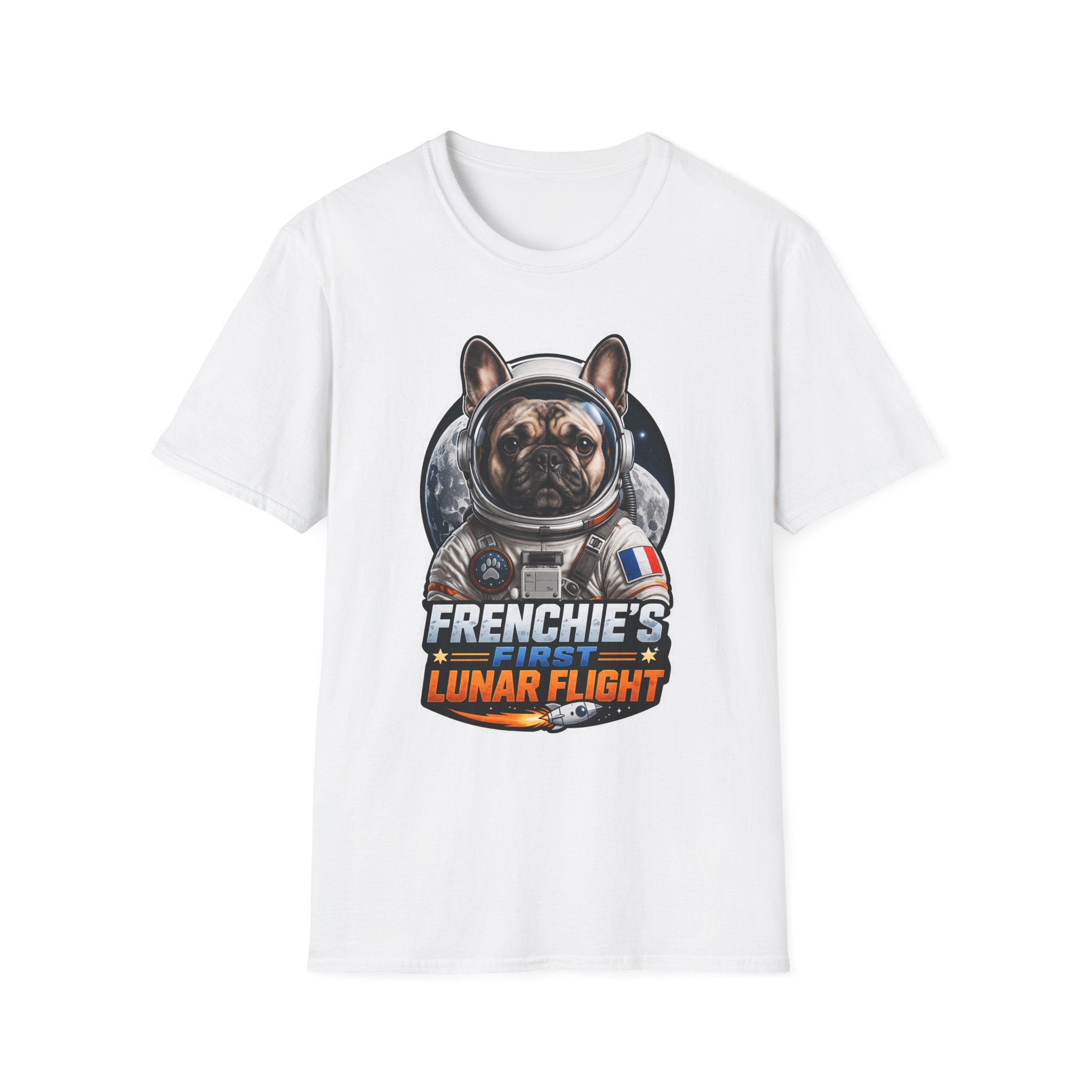 Frenchie’s First Lunar Flight Funny Astronaut French Bulldog T-Shirt | Cosmic Encounters Collection by PetPulse