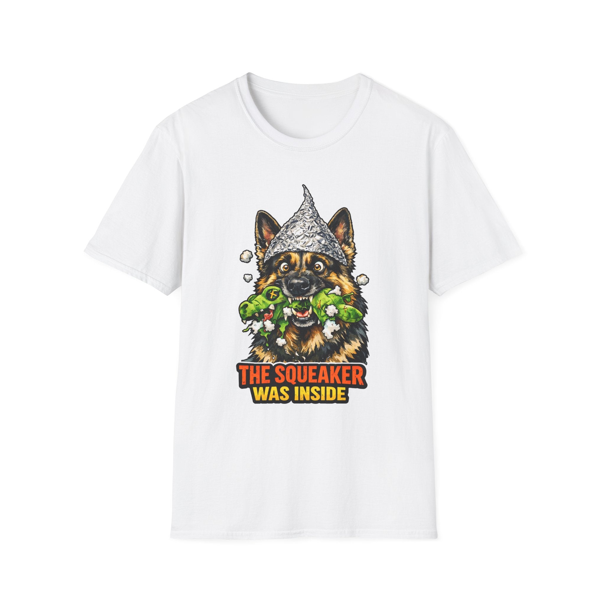 The Squeaker Was Inside Funny Conspiracy German Shepherd T-Shirt | Pet-Spiracy Theorist Collection by PetPulse