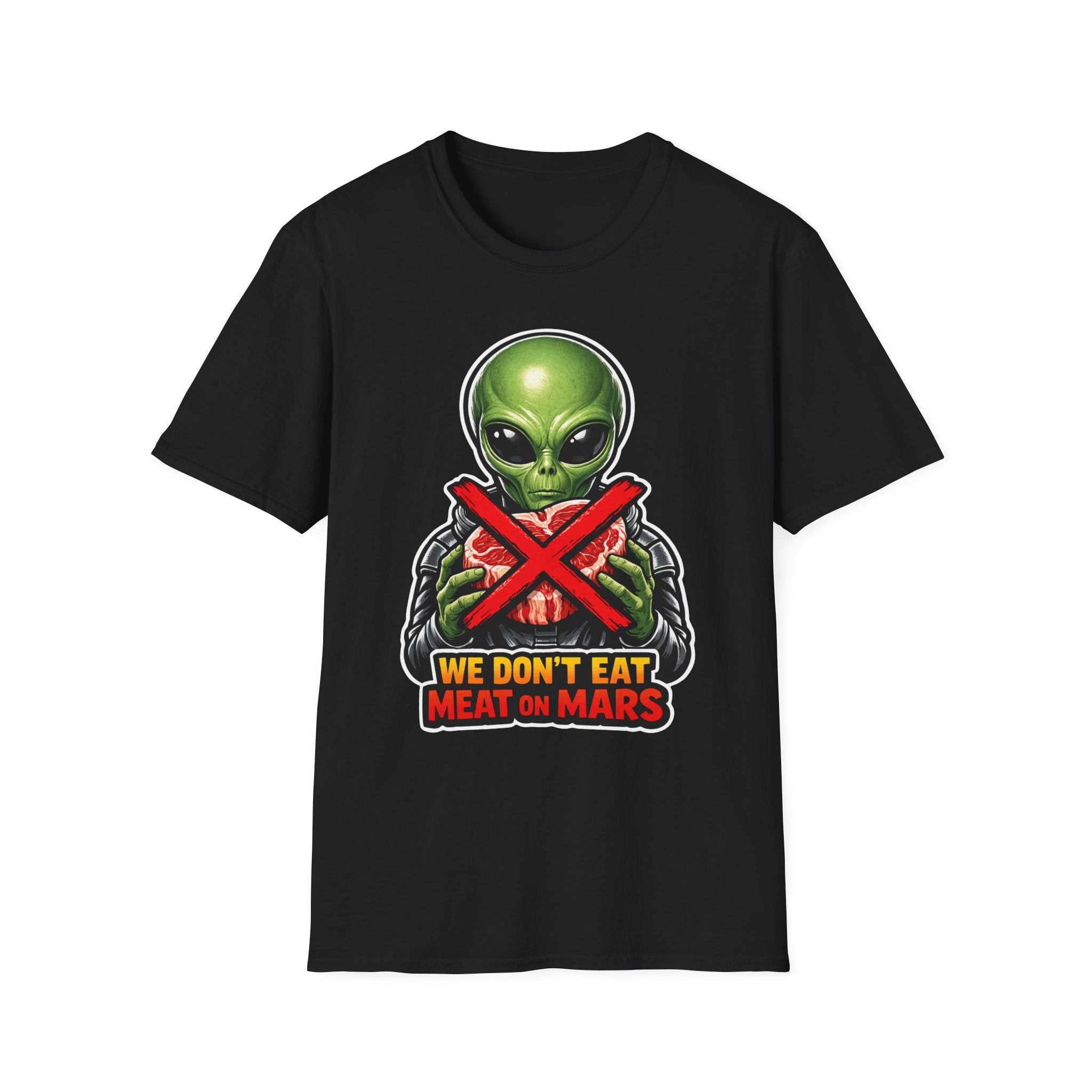 We Don't Eat Meat on Mars Funny Vegan Alien T-Shirt | Cosmic Encounters Collection by PetPulse