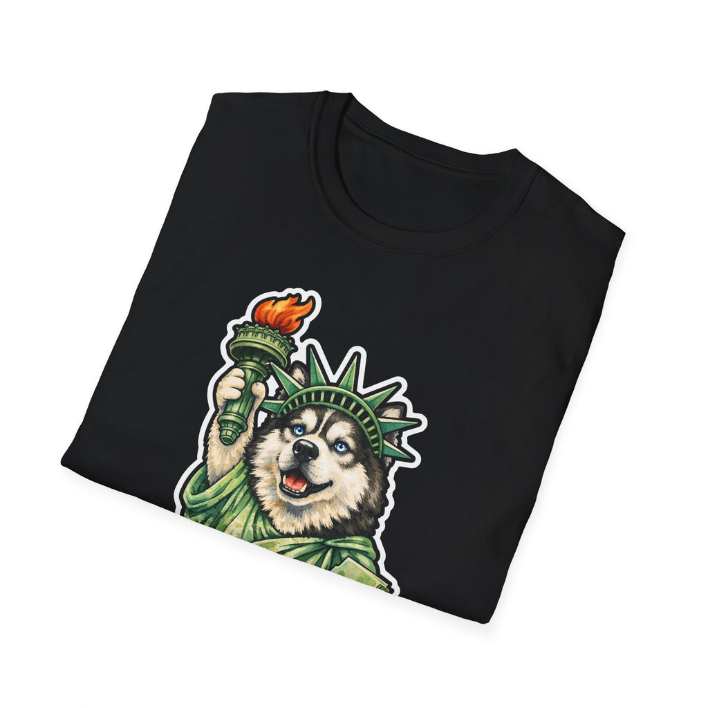 Howling for Independence Funny Siberian Husky Statue of Liberty T-Shirt | Lady Liberty Pups Collection by PetPulse