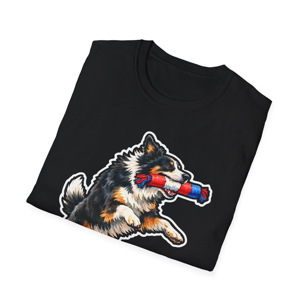 Fetching Freedom For All Patriotic Border Collie T-Shirt | Tri-Color Collie Firecracker Tug Toy Graphic Tee | Uncle Sam Pups