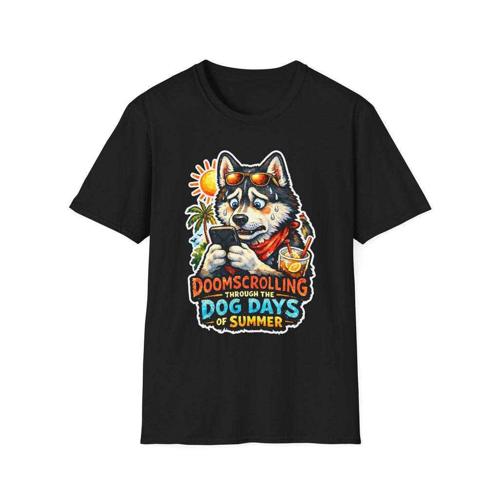 Doomscrolling Through the Dog Days of Summer Funny Husky T-Shirt | Tech Pack Collection by PetPulse