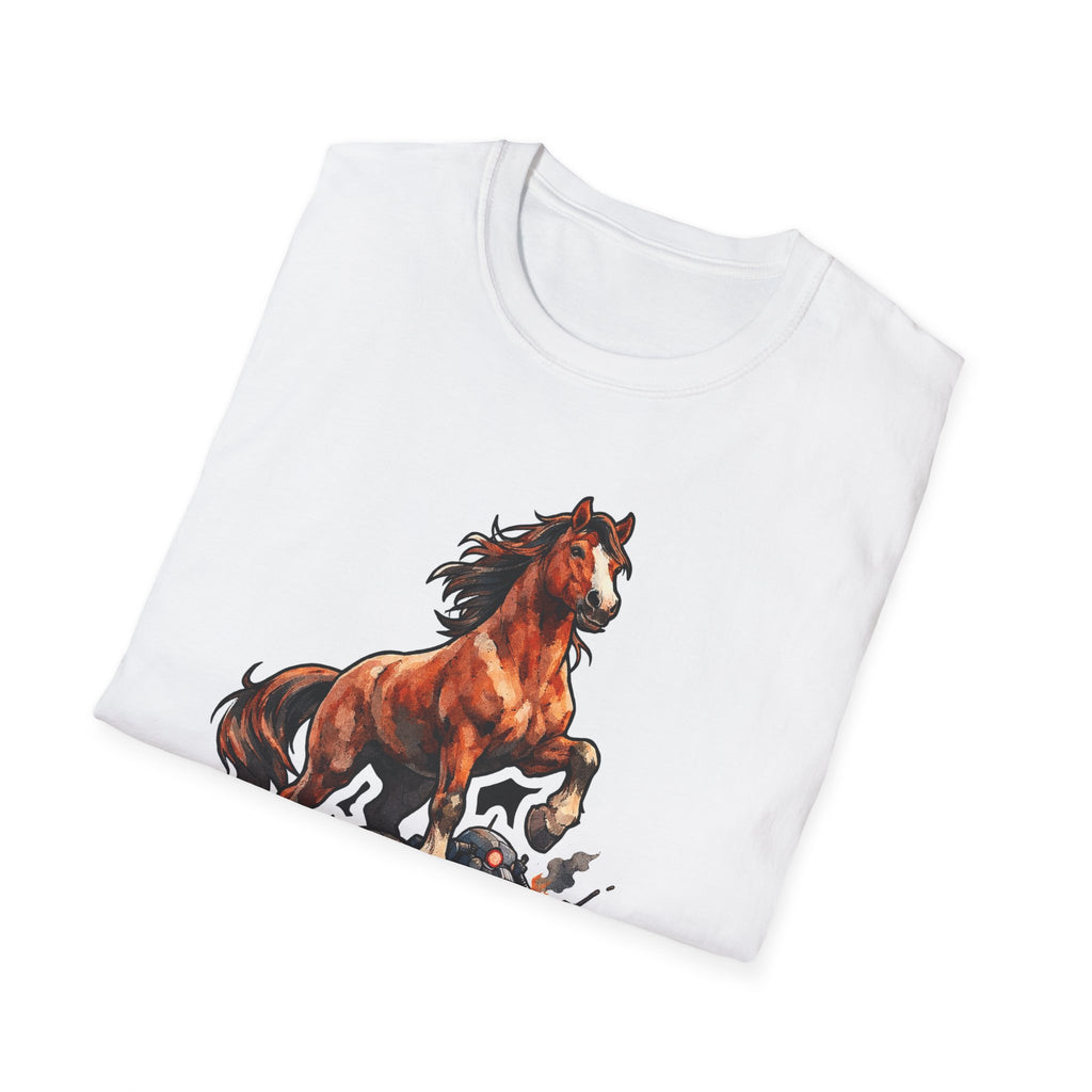 I Am a One-Horse Army Action Hero Horse T-Shirt | Robot Wreckage Victorious Horse Graphic Tee | Mane Event Collection by PetPulse