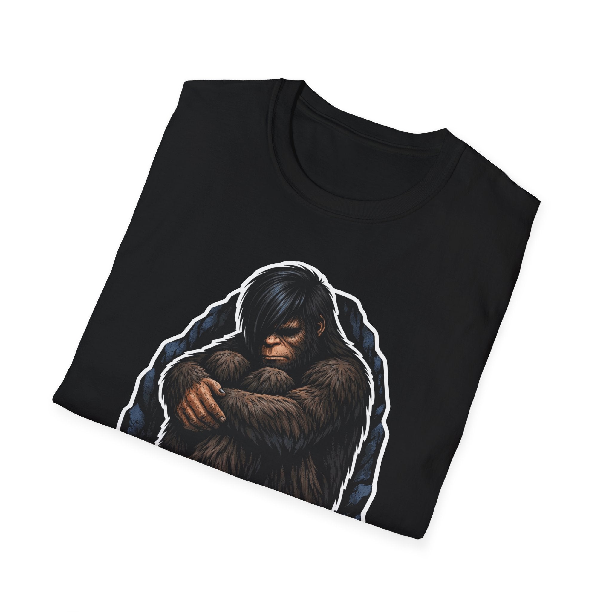 Shadow Squatch Sorrow Emo Bigfoot T-Shirt - Self-Hug Sasquatch Cave Tee for Dark Humor Cryptid Fans
