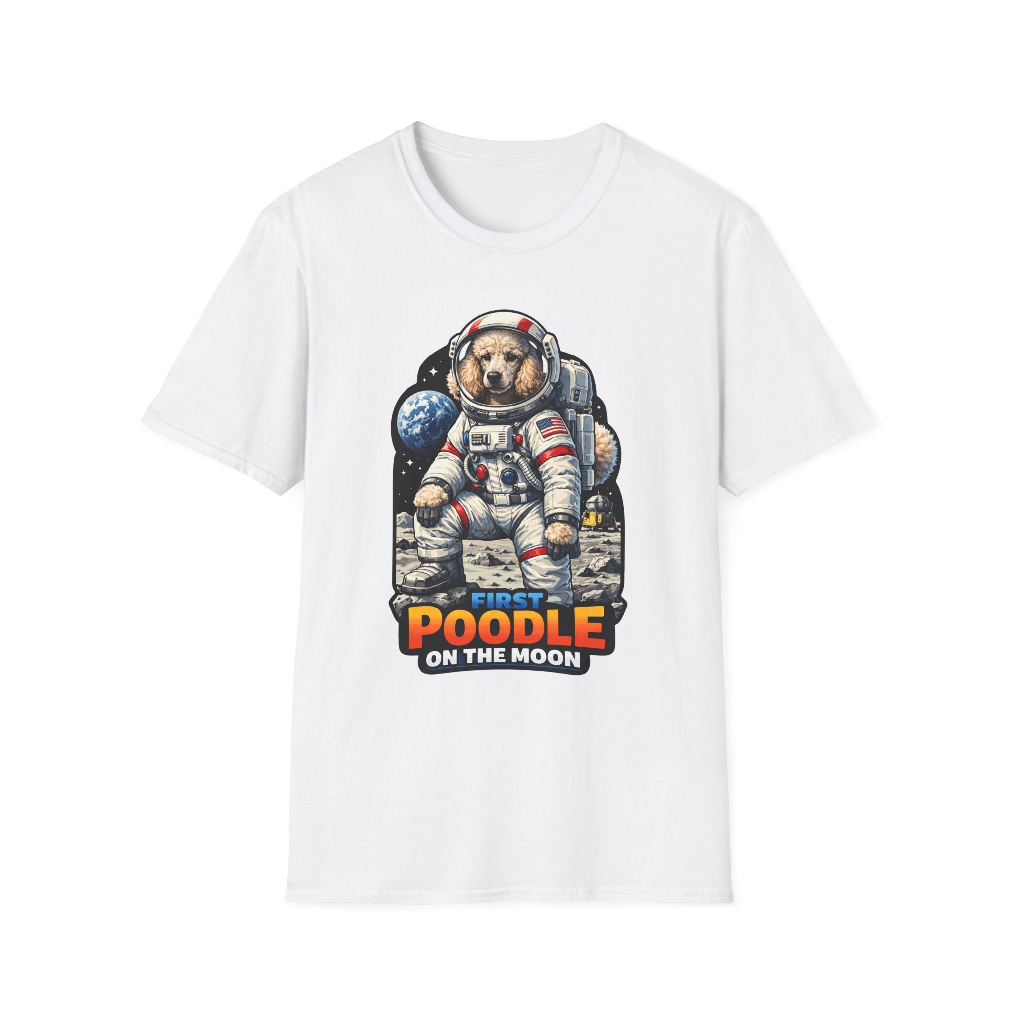 First Poodle on the Moon Funny Astronaut Standard Poodle T-Shirt | Cosmic Encounters Collection by PetPulse