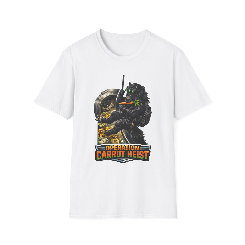 Operation Carrot Heist Action Hero Horse T-Shirt | Special Ops Tactical Black Horse Graphic Tee | Mane Event Collection by PetPulse