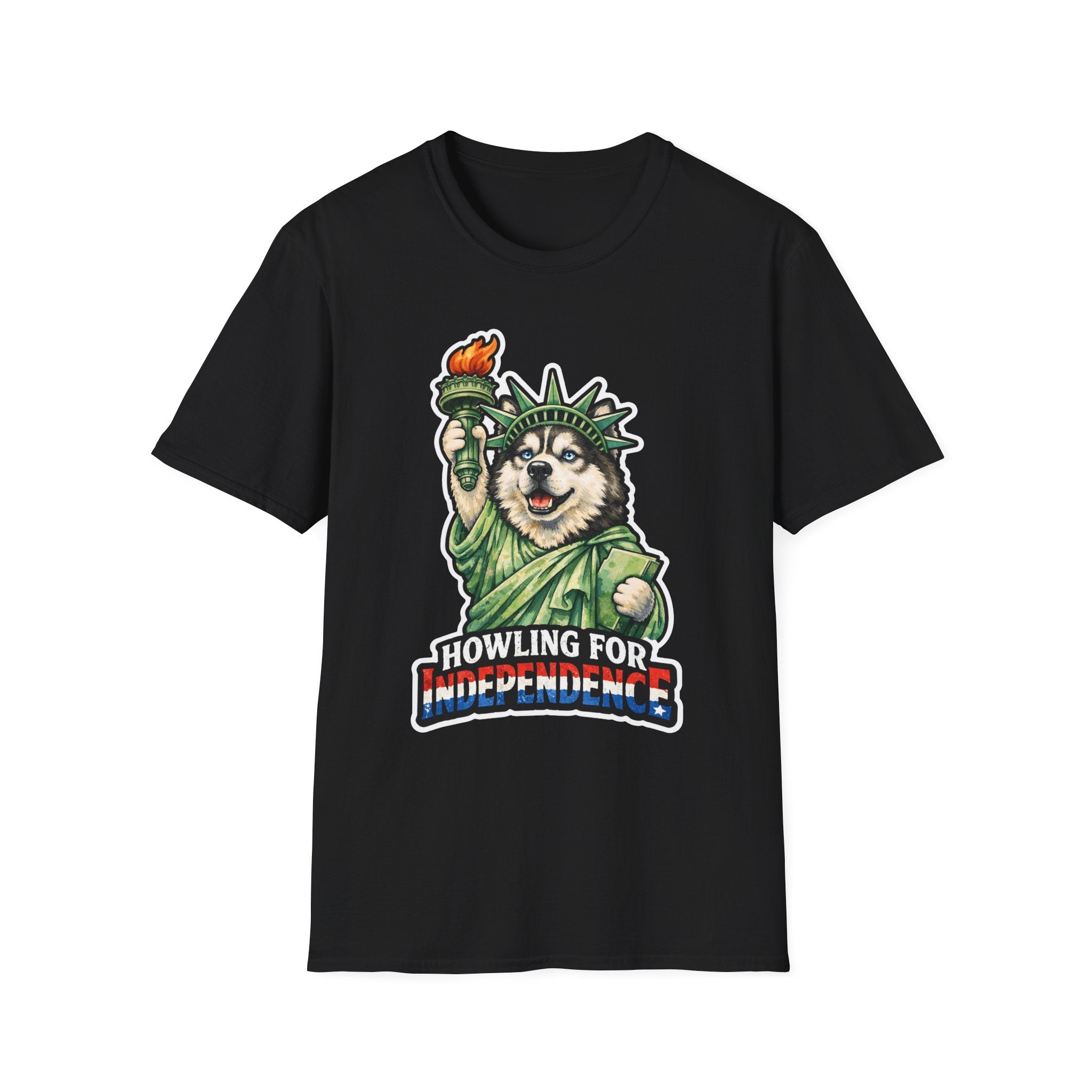 Howling for Independence Funny Siberian Husky Statue of Liberty T-Shirt | Lady Liberty Pups Collection by PetPulse
