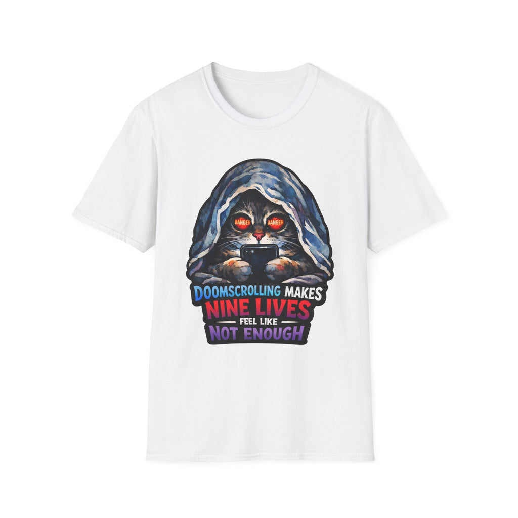 Doomscrolling Makes Nine Lives Feel Like Not Enough Funny Hooded Cat T-Shirt | Tech Pack Collection by PetPulse