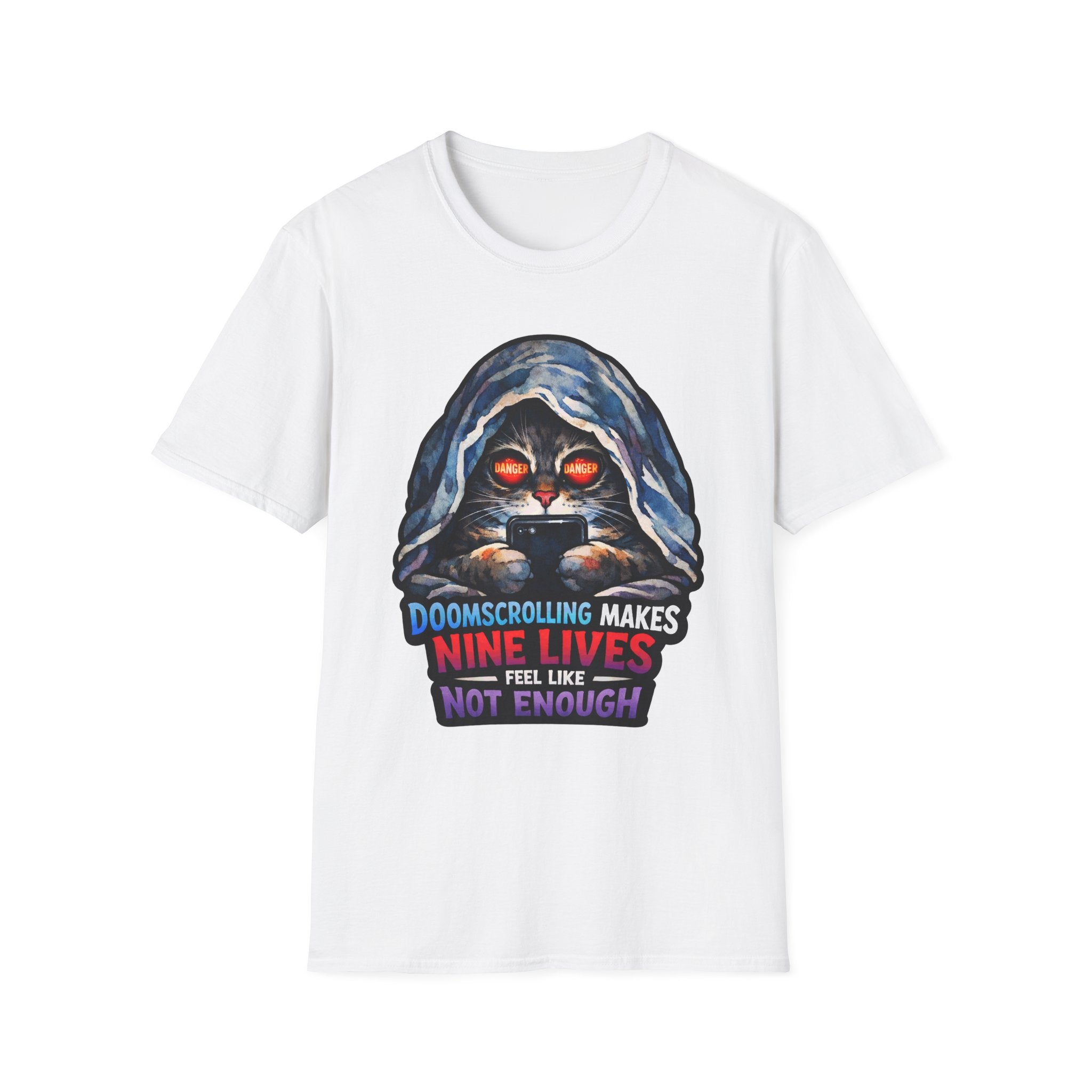 Doomscrolling Makes Nine Lives Feel Like Not Enough Funny Hooded Cat T-Shirt | Tech Pack Collection by PetPulse