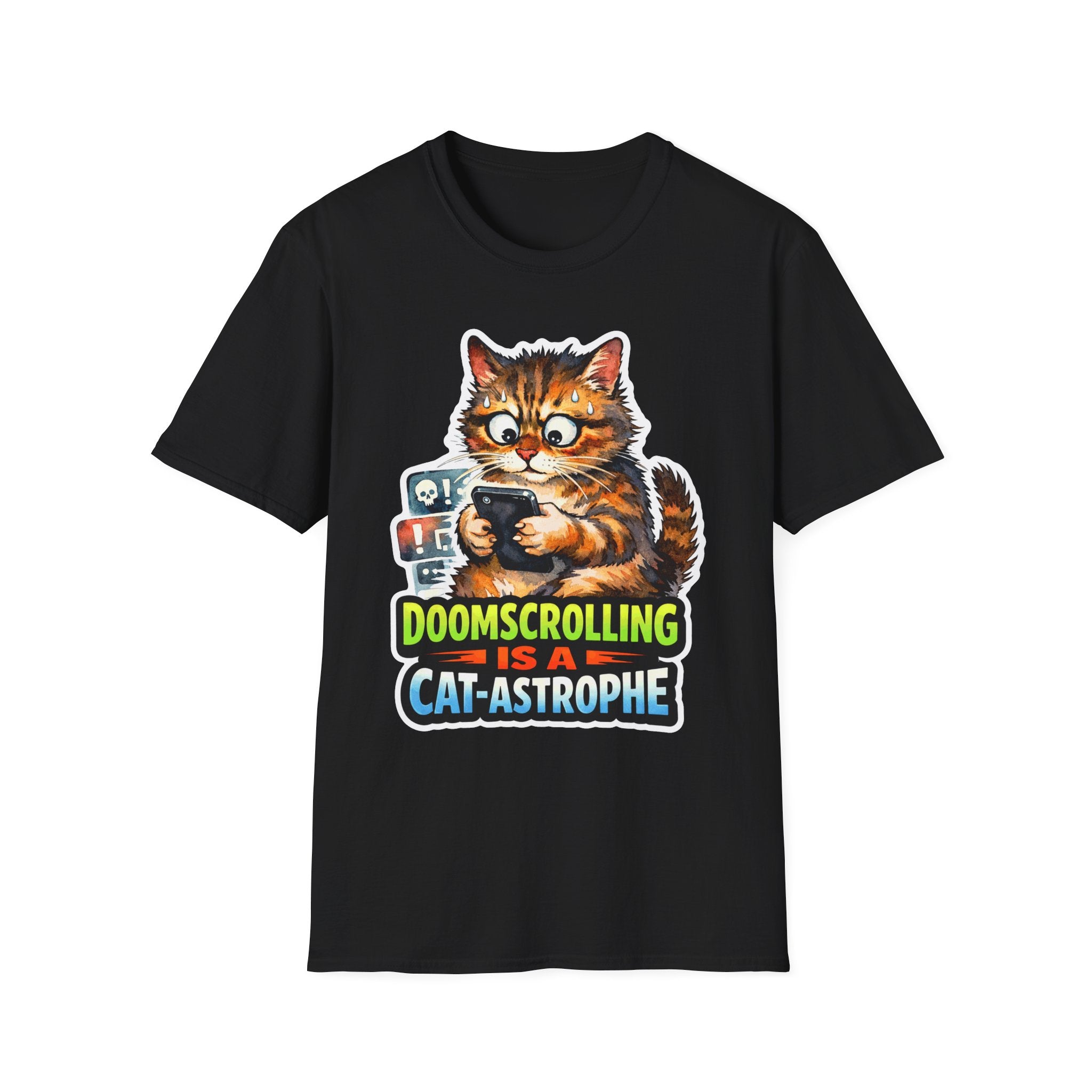 Doomscrolling Is A Cat-astrophe Funny Cat Pun T-Shirt | Tech Pack Collection by PetPulse